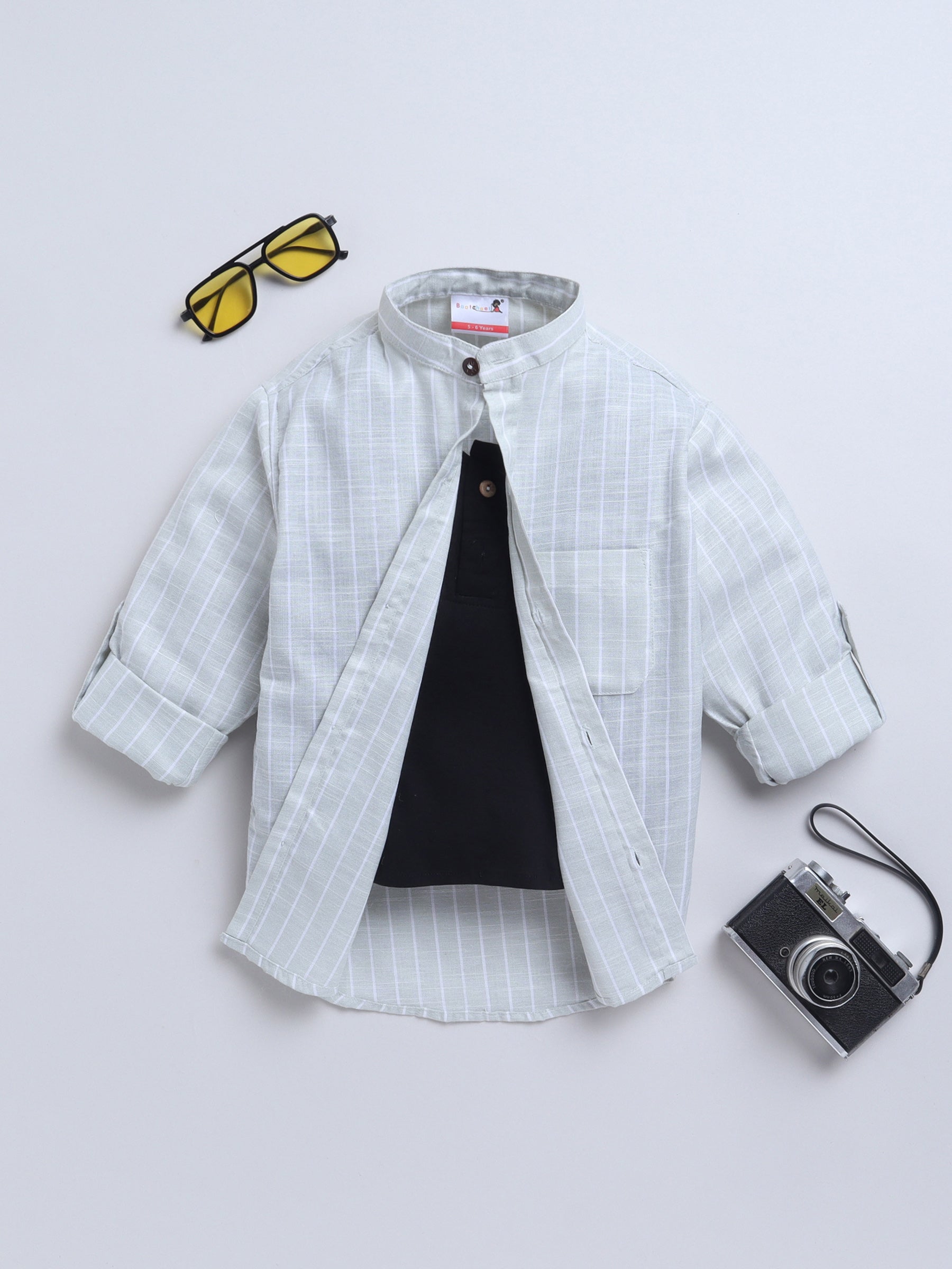 BAATCHEET Cottton Linen Woven Full Sleeve Striped Shirt With Attached T-Shirt - Green