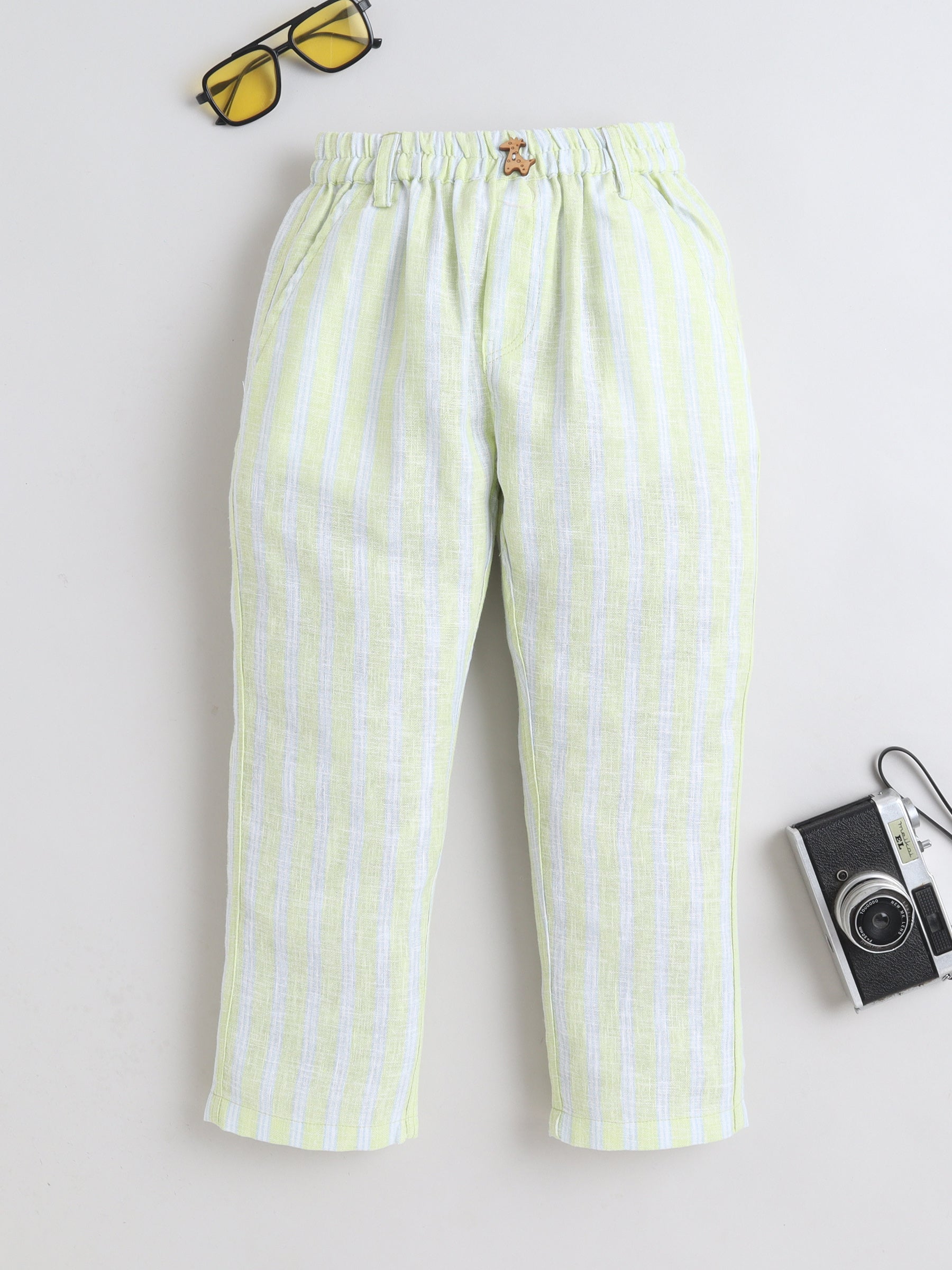 BAATCHEET Cotton Woven Full Length Striped Pant With Giraffe Button and Belt Loop- Green