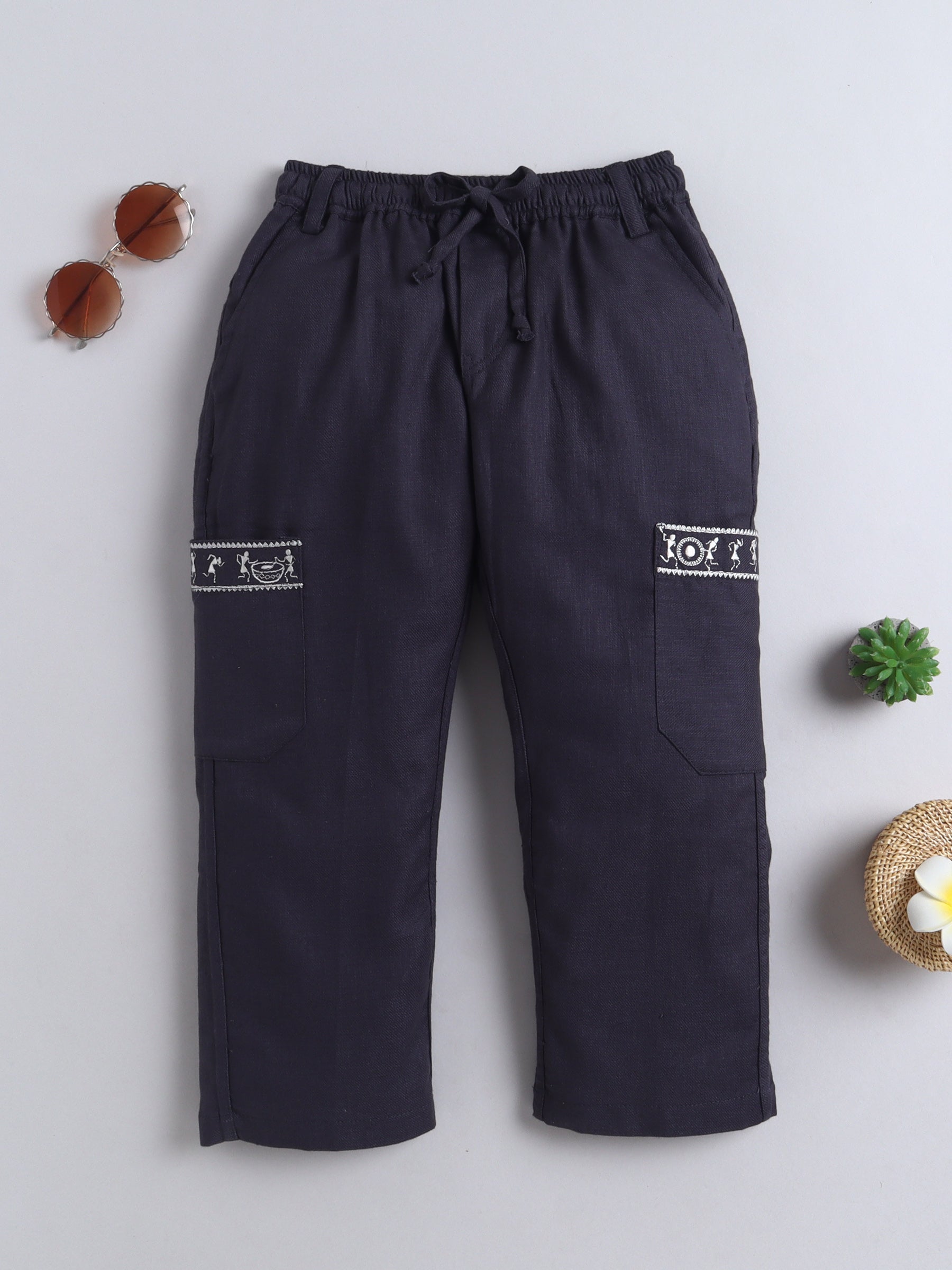 BAATCHEET Cotton Full Length Tribal Embroided Jogger - Grey