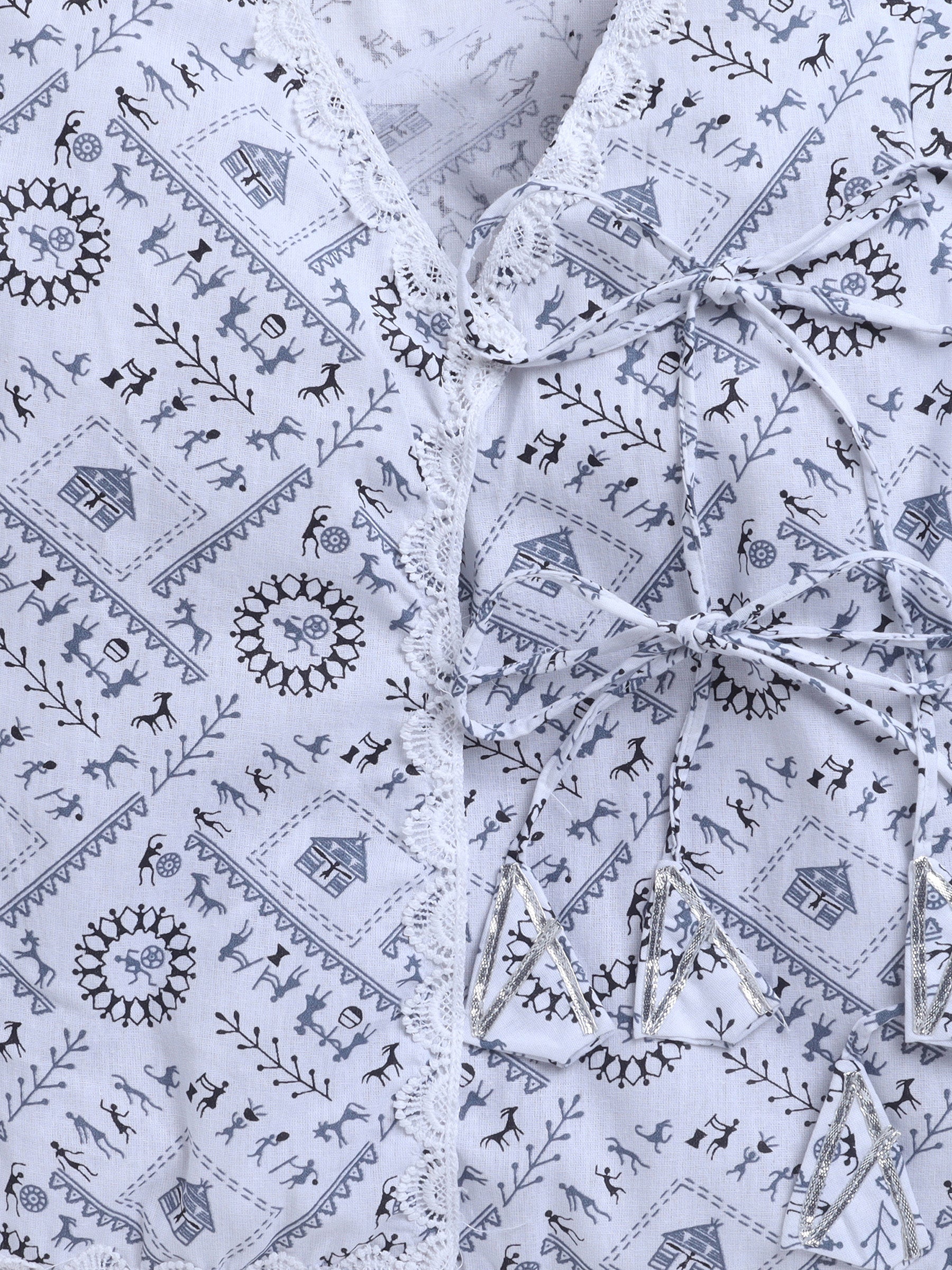 BAATCHEET Cottton Woven Full Sleeves Printed Angrakha Kurta With Solid Dhoti  - Grey