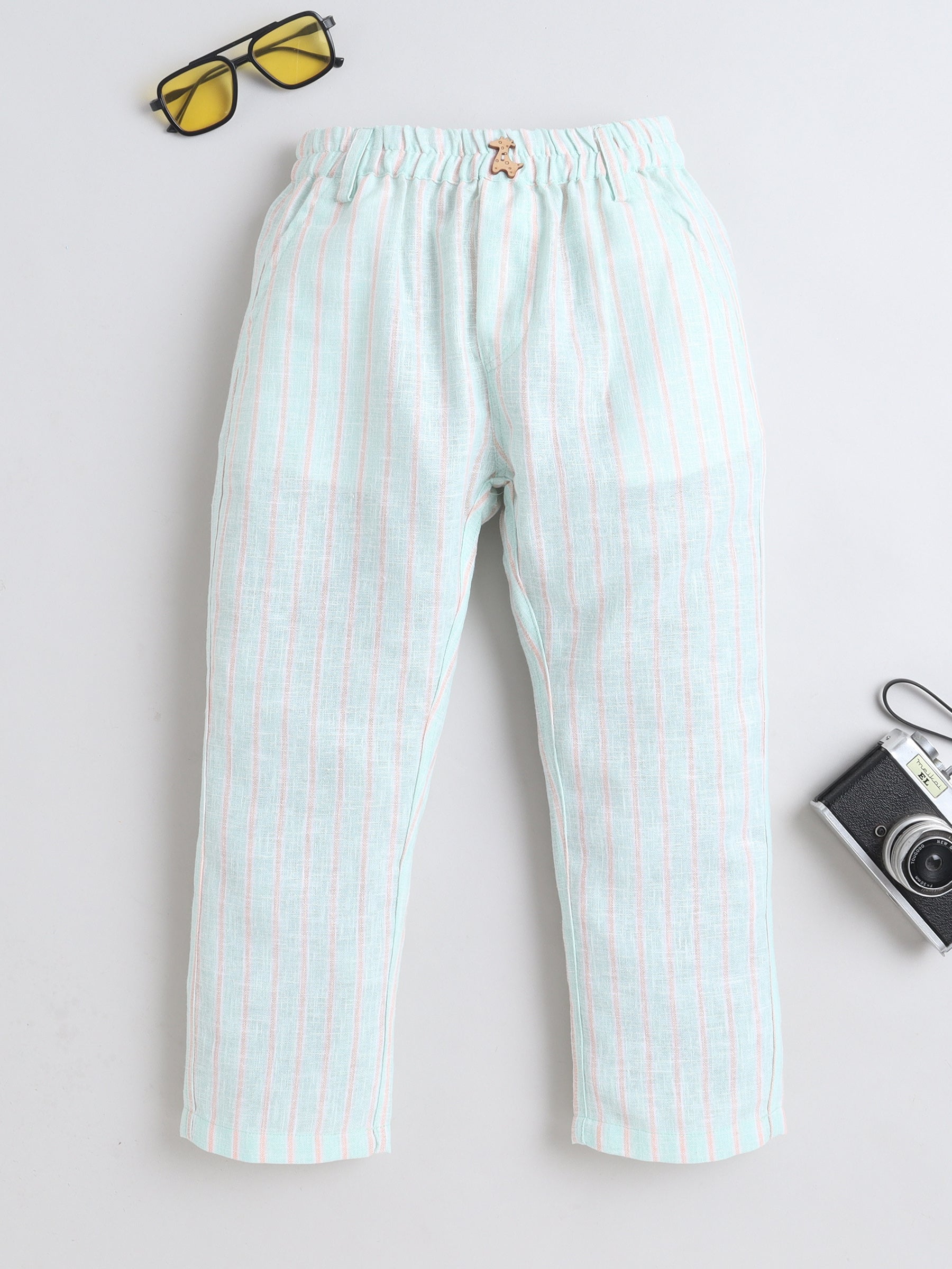 BAATCHEET Cotton Woven Full Length Striped Pant With Giraffe Button and Belt Loop- Green 1