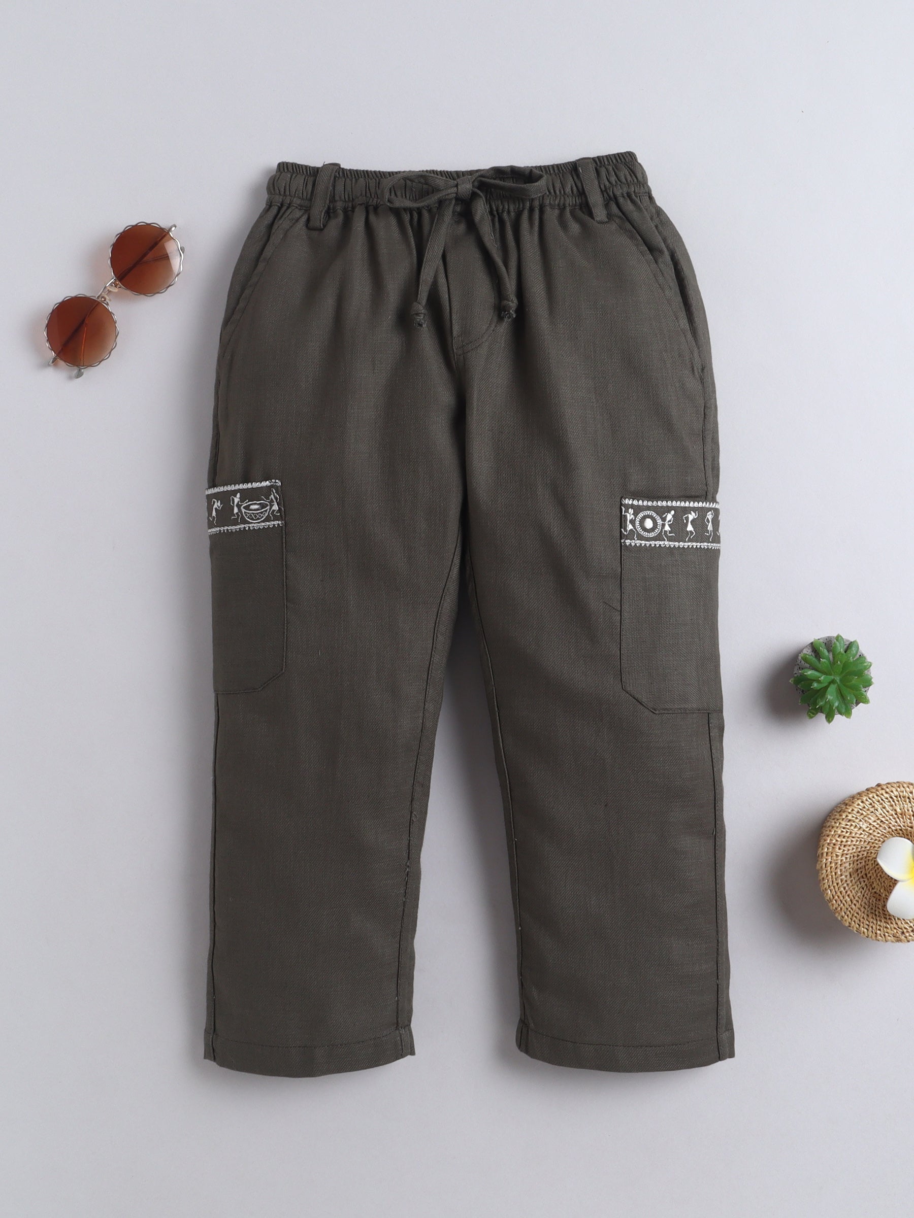 BAATCHEET Cotton Full Length Tribal Embroided Jogger - Green