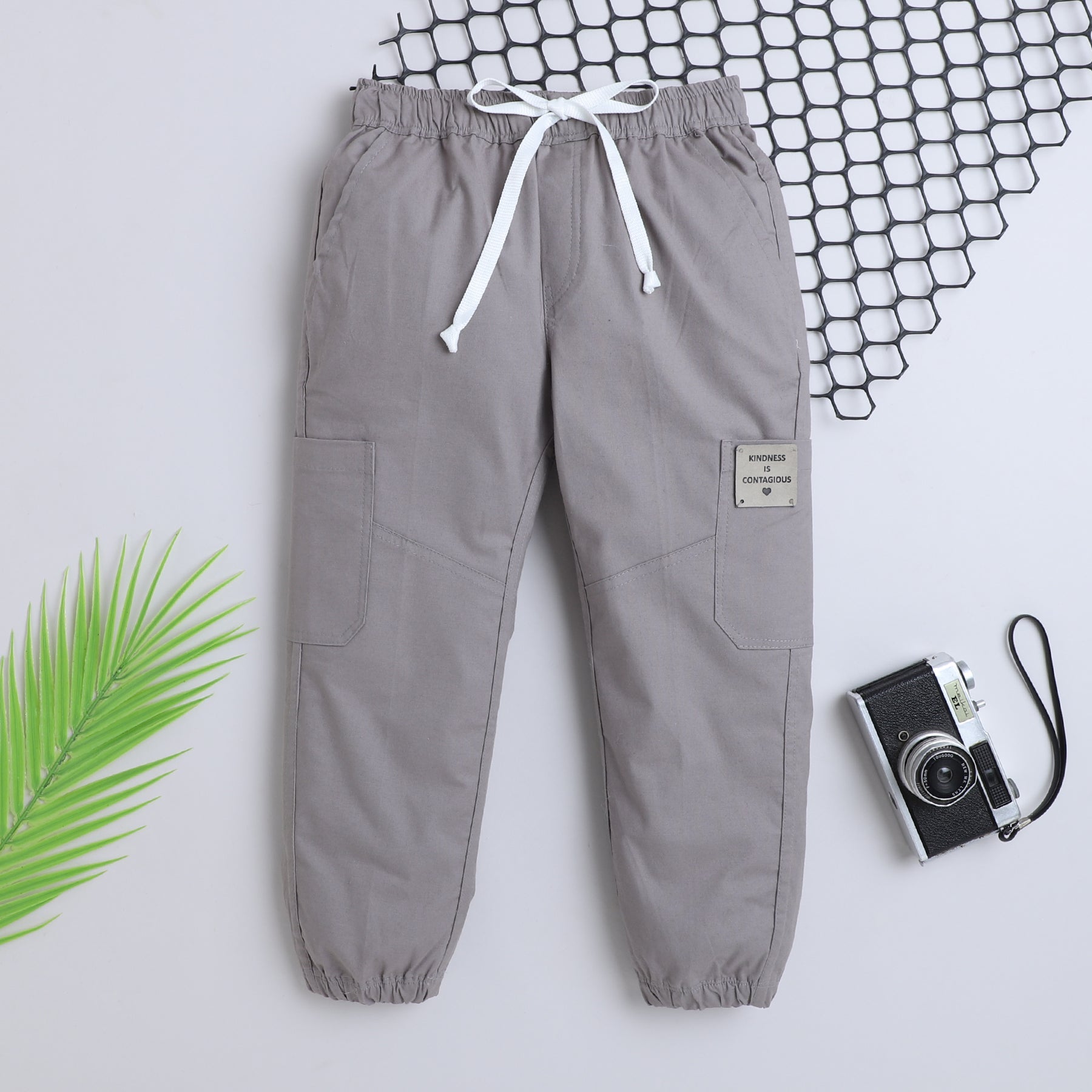 BAATCHEET Cotton  Woven Full Length  Kindness is Contagious Patch Jogger- Light Grey