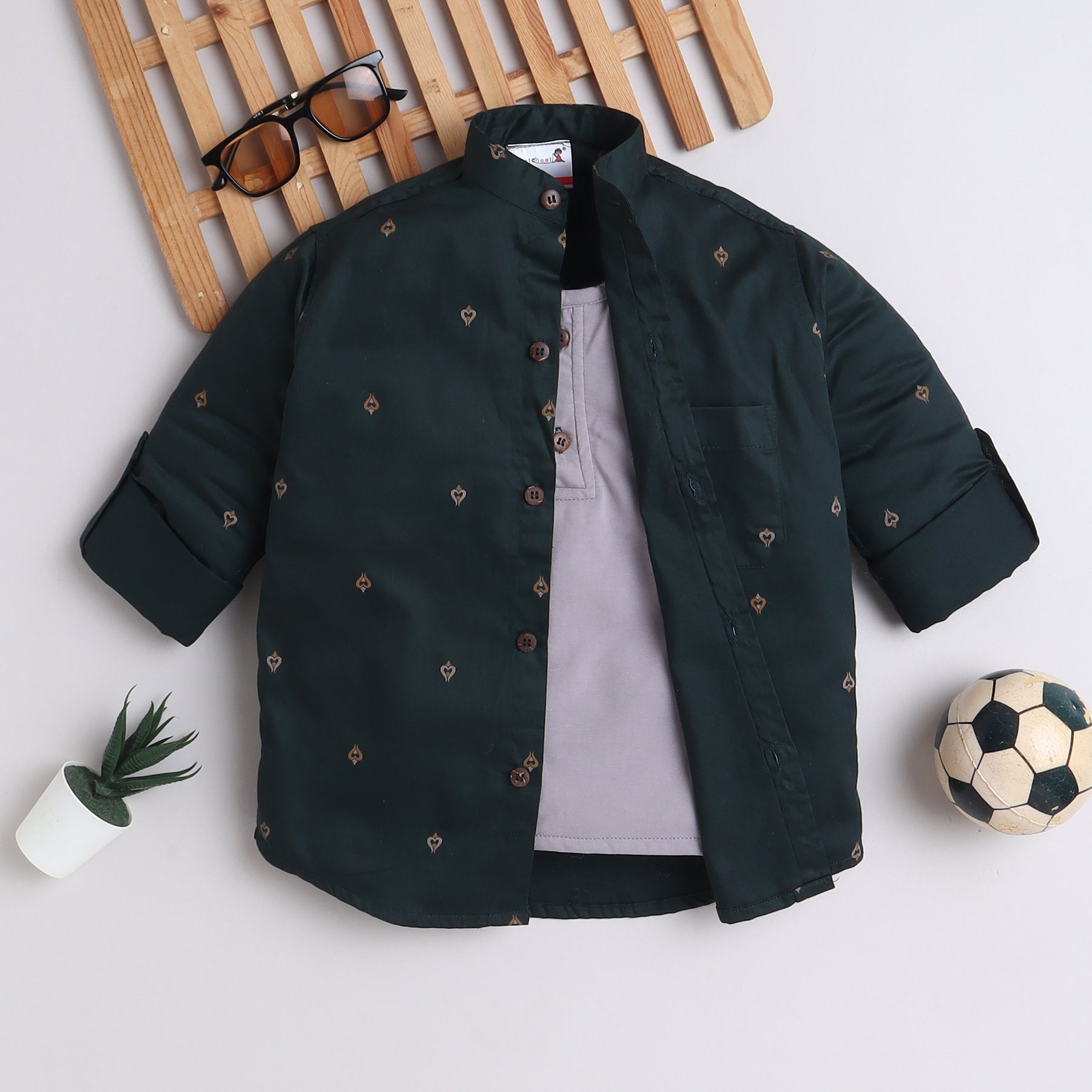 BAATCHEET Cotton Full Sleeves Motif Printed Shirt With Attached T-Shirt- Green