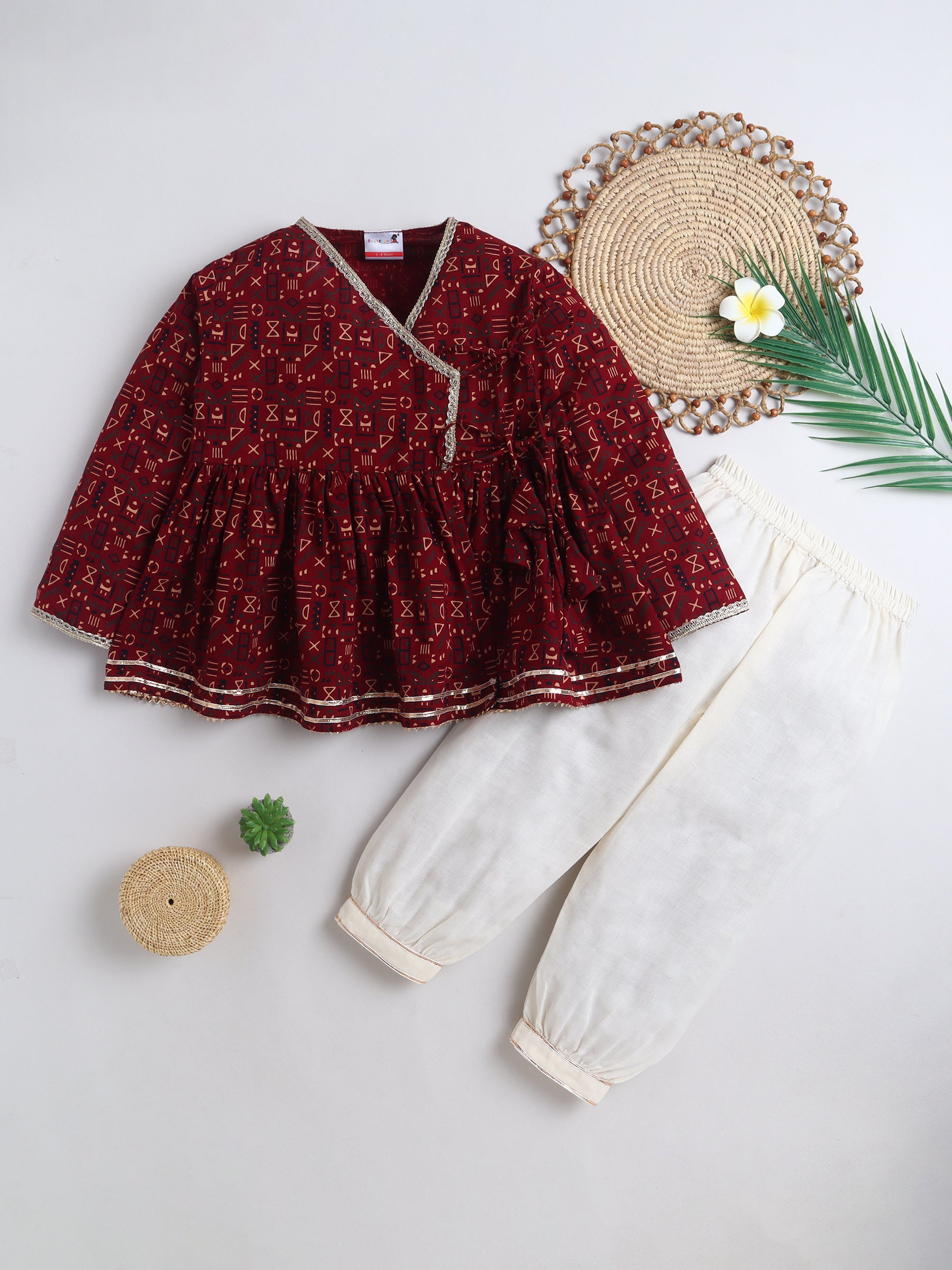 BAATCHEET Cotton Woven Three Fourth Sleeves Tribal Printed Angrakha  Kurta and Pajama Set - Maroon