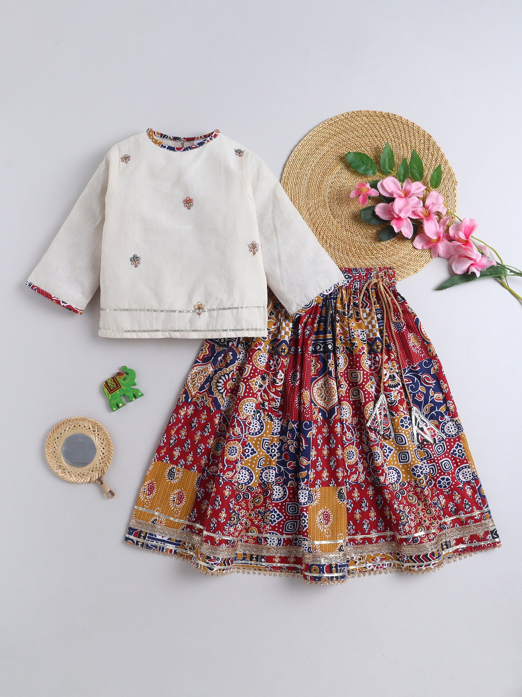 BAATCHEET Cottton Three Fourth Sleeves Jaipuri Printed Booti Choli and Lehnga set - Multi 1