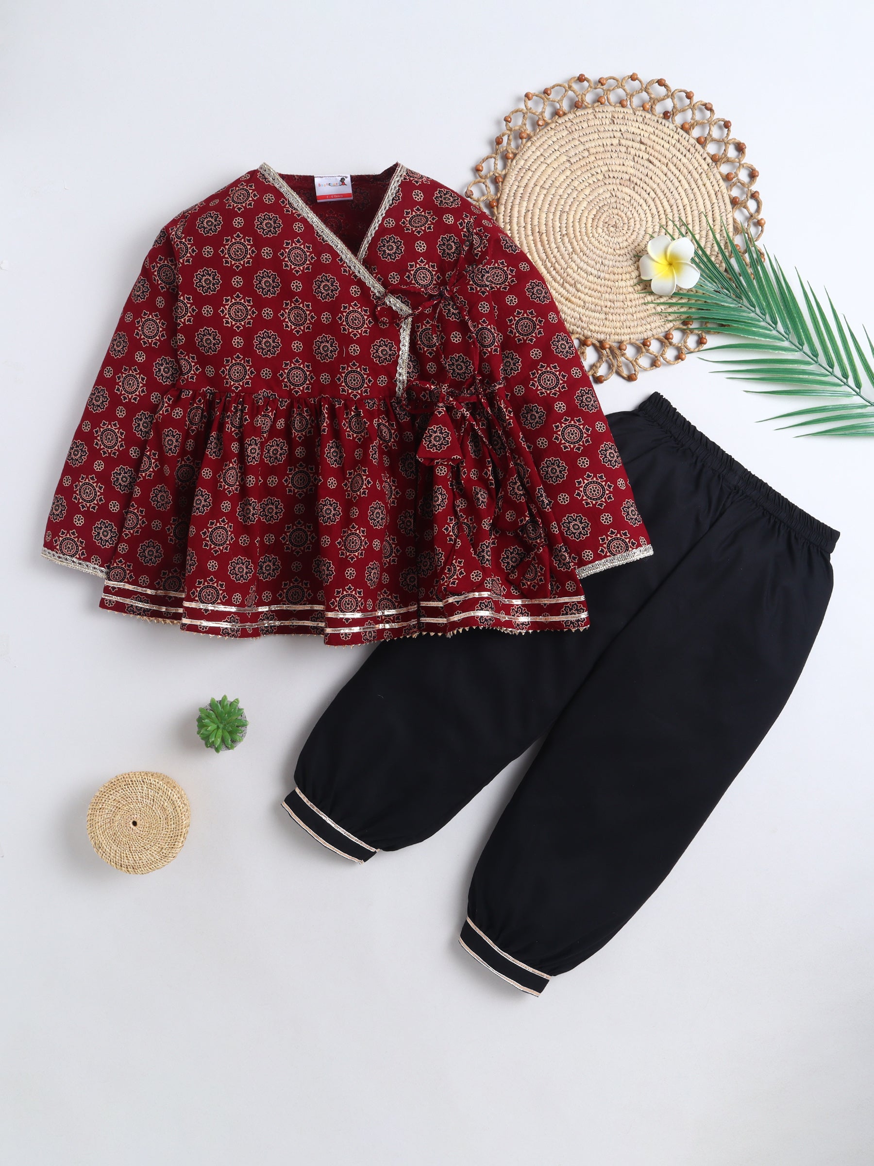 BAATCHEET Cotton Woven Three Fourth Sleeves Ajrakh Printed Angrakha  Kurta and Pajama Set - Maroon