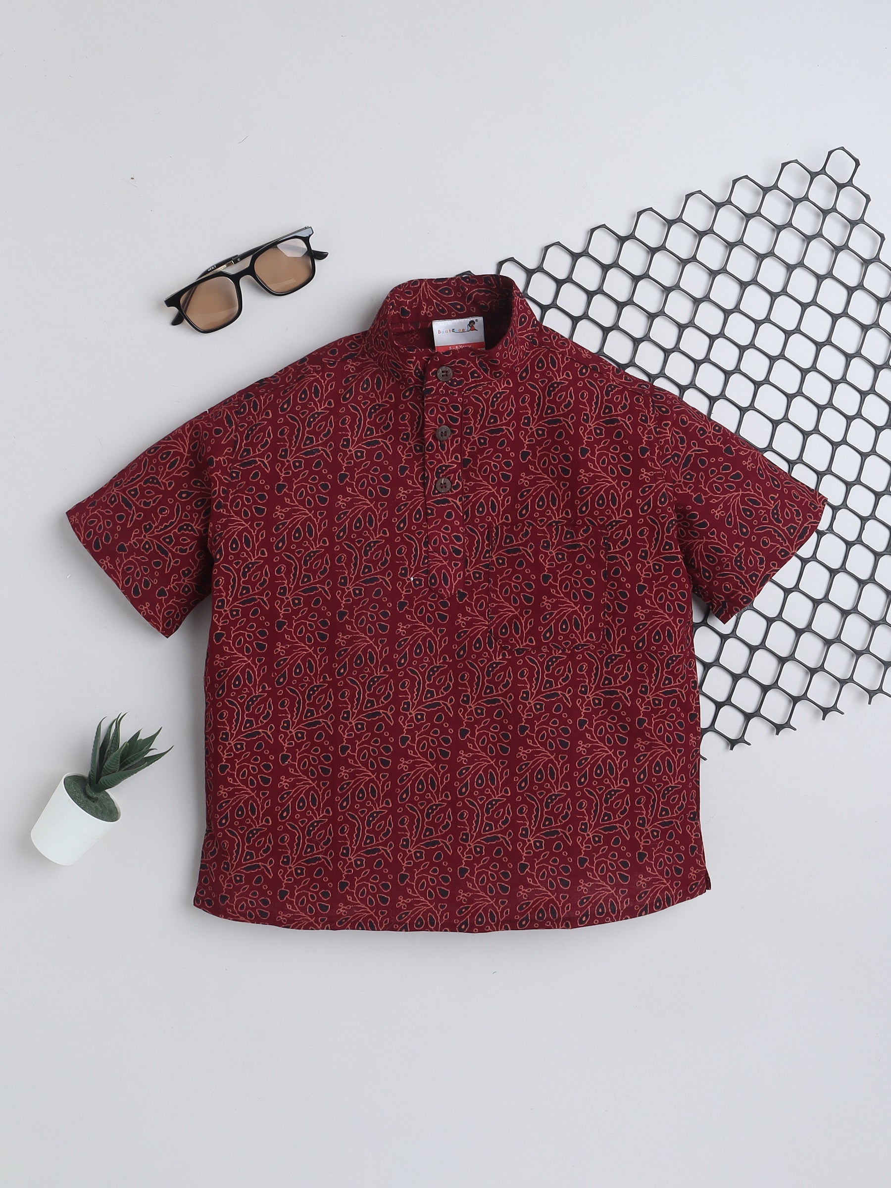 BAATCHEET Cotton Half Sleeves Printed  Shirt Style Kurta  - Maroon