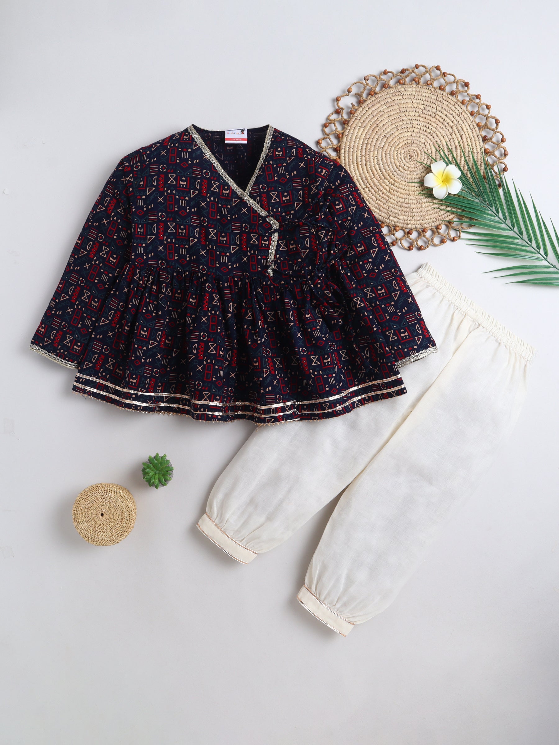 BAATCHEET Cotton Woven Three Fourth Sleeves Tribal Printed Angrakha  Kurta and Pajama Set - Navy