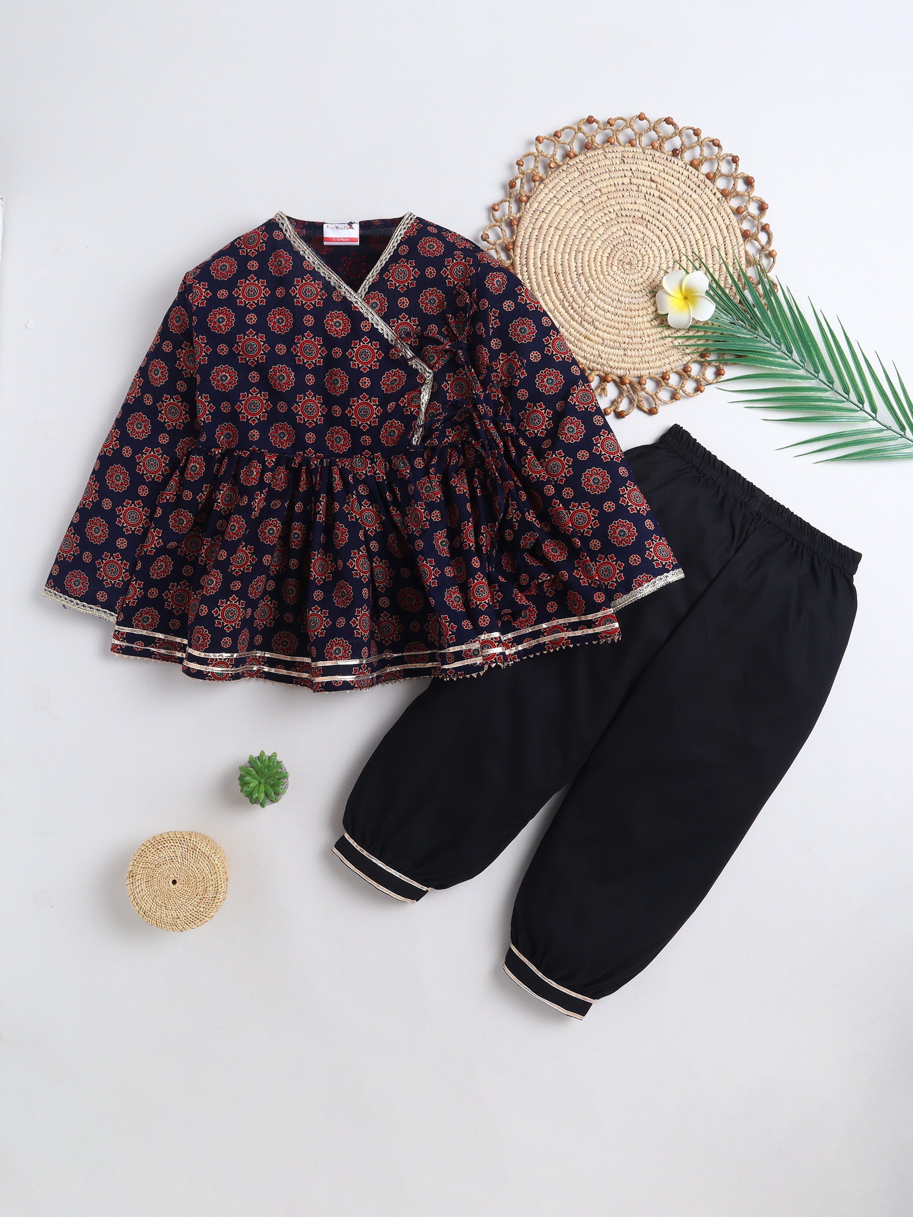 BAATCHEET Cotton Woven Three Fourth Sleeves Ajrakh Printed Angrakha  Kurta and Pajama Set - Navy