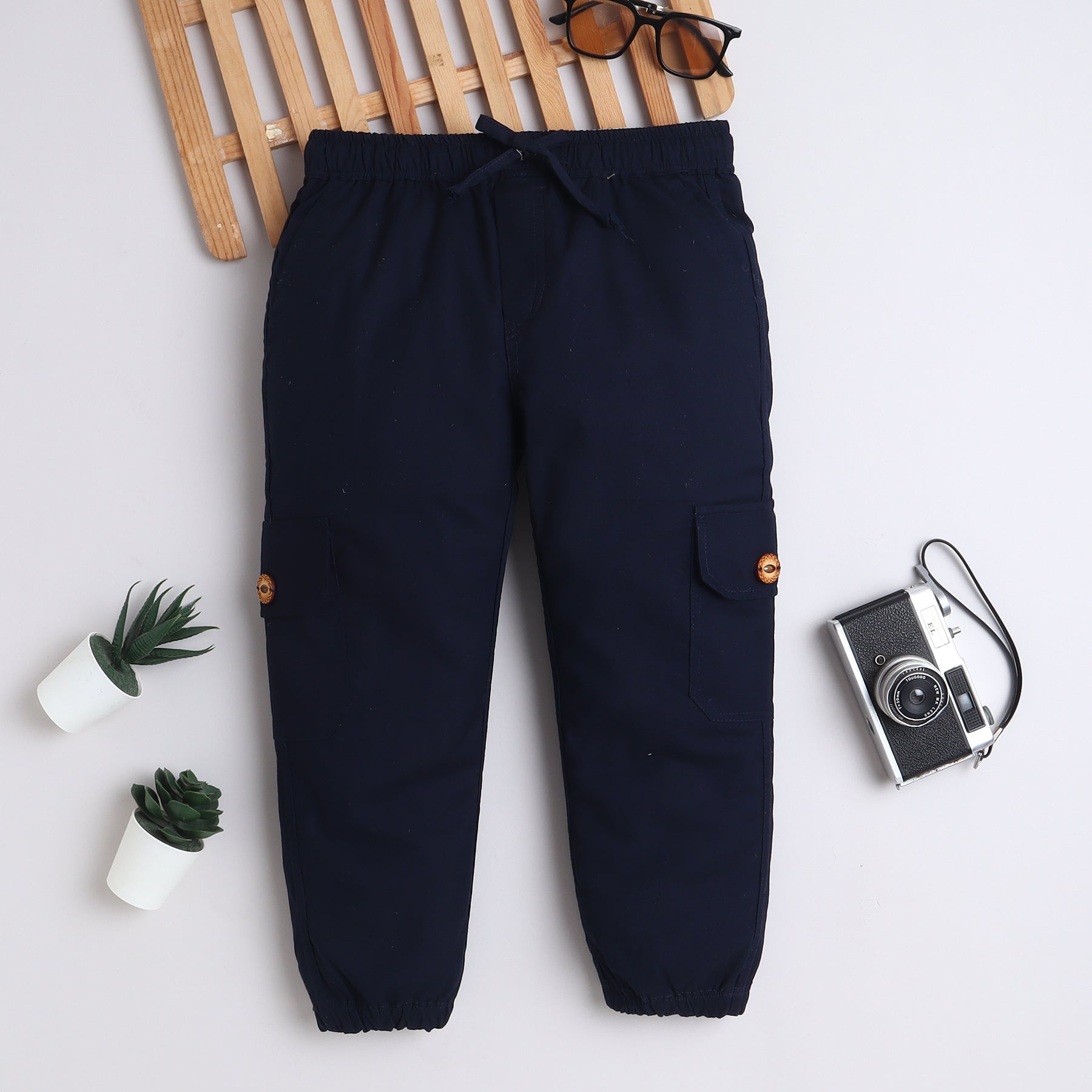BAATCHEET Cotton Full Length Both Side Pocket with Evil Eye Button Jogger  - Navy