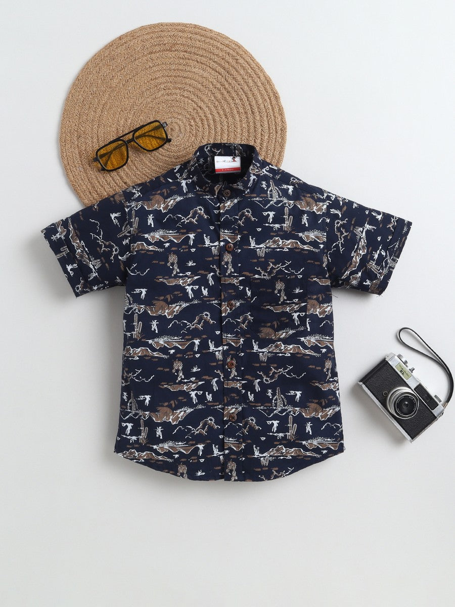 BAATCHEET Cottton Half Sleeves Abstract Printed Shirt- Navy