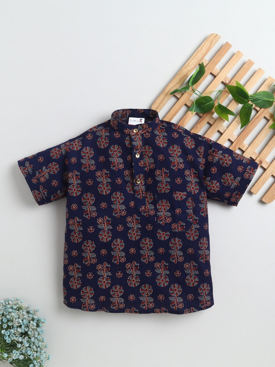 BAATCHEET Cottton  Half Sleeves Jaipuri Printed Short Kurta  - Navy