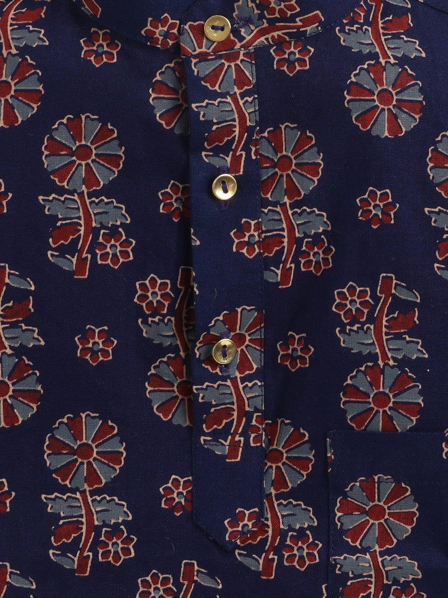 BAATCHEET Cottton  Half Sleeves Jaipuri Printed Short Kurta  - Navy