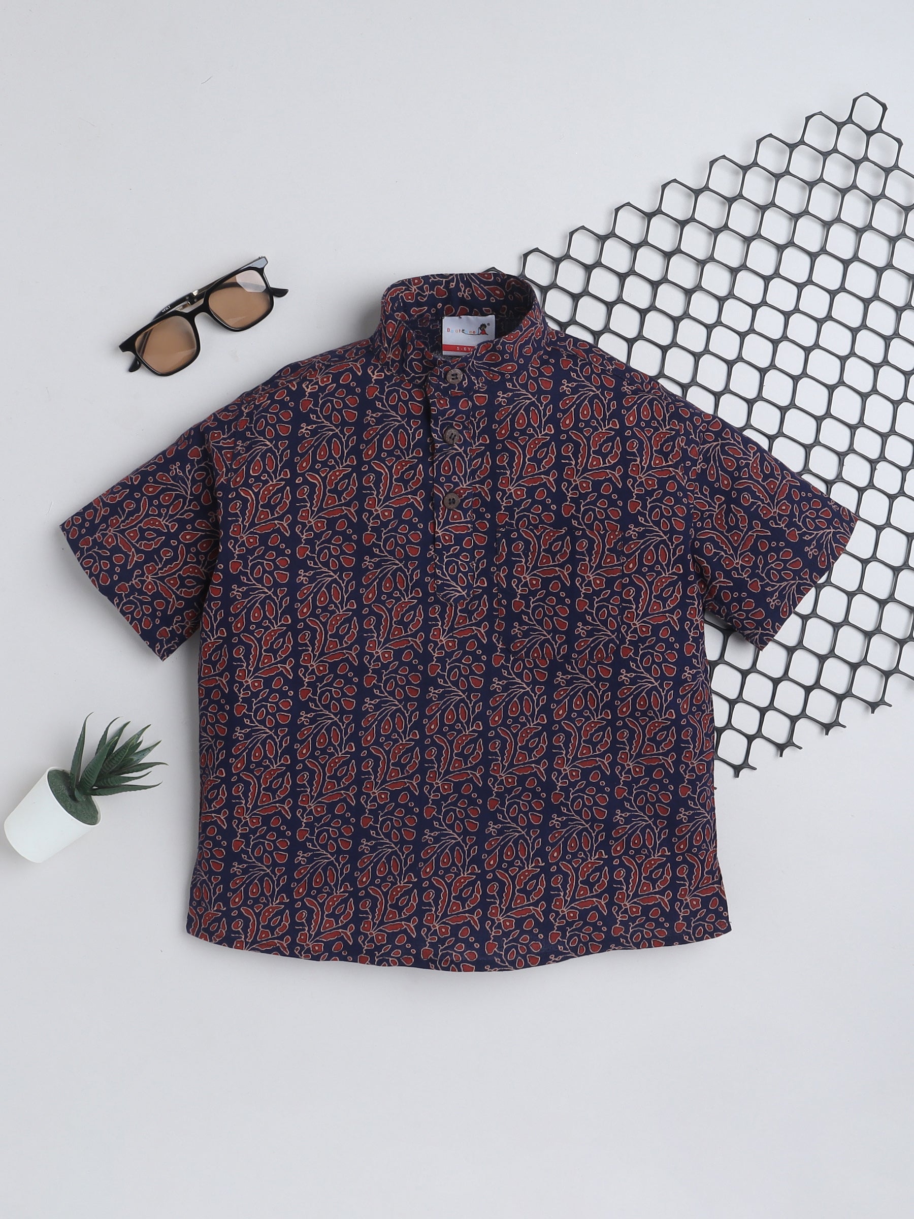 BAATCHEET Cotton Half Sleeves Printed  Shirt Style Kurta  -Navy