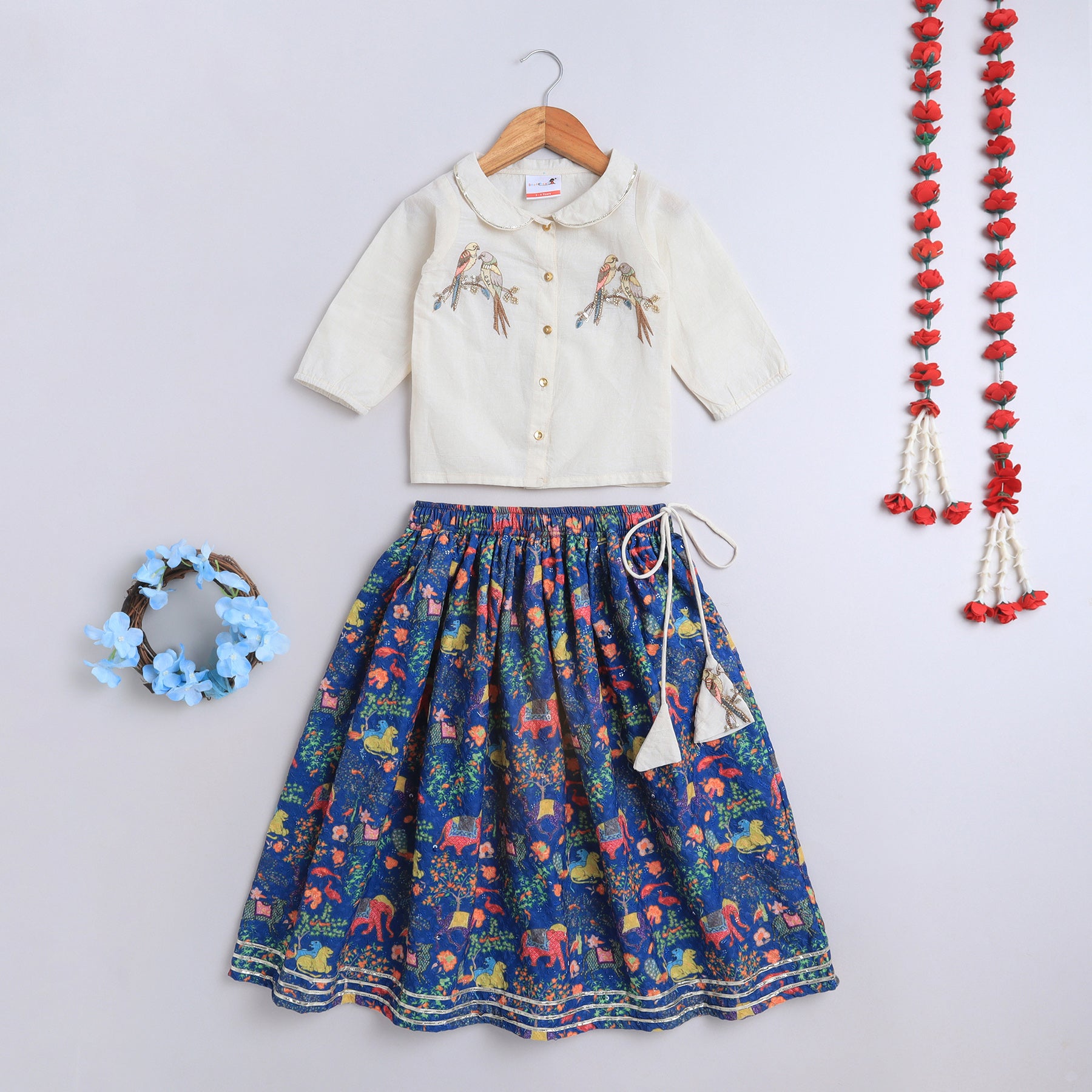 BAATCHEET Cotton Three Fourth Sleeves Bird Hand Embroidery Lehnga And Choli- Navy
