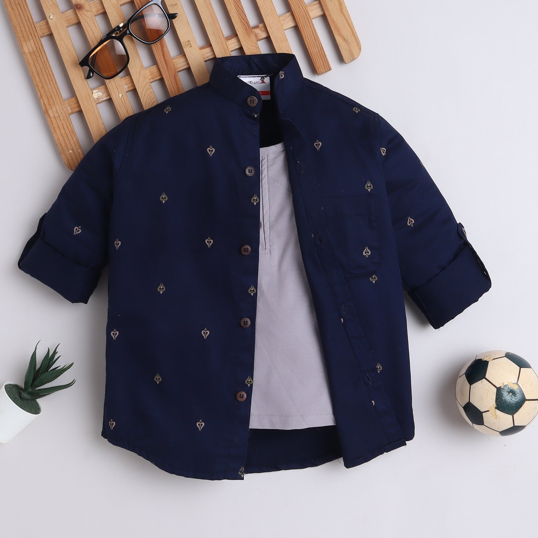 BAATCHEET Cotton Full Sleeves Motif Printed Shirt With Attached T-Shirt- Navy