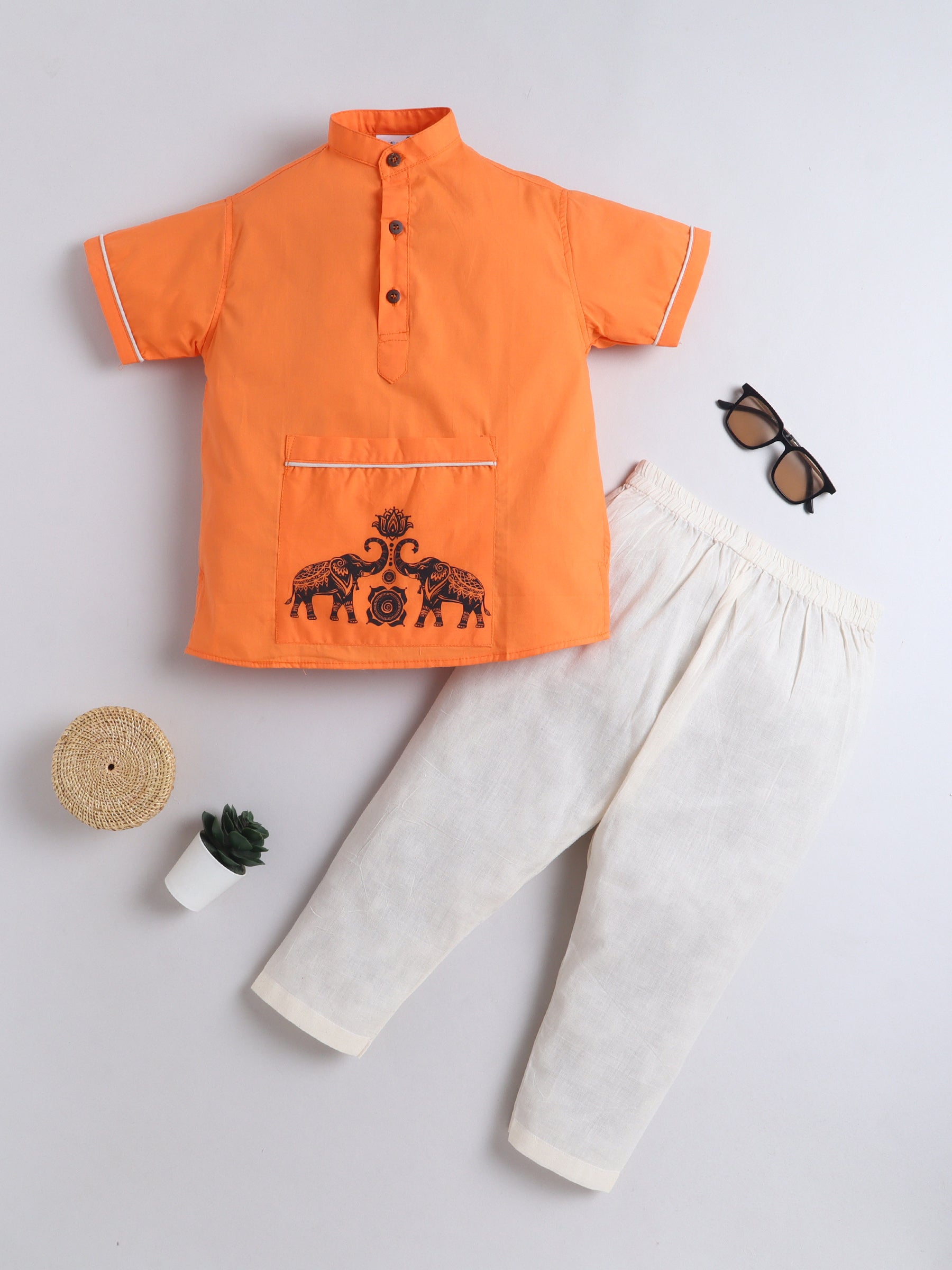 BAATCHEET Cottton Half Sleeves Elephant Printed Piping Kurta With Pyjama- Orange