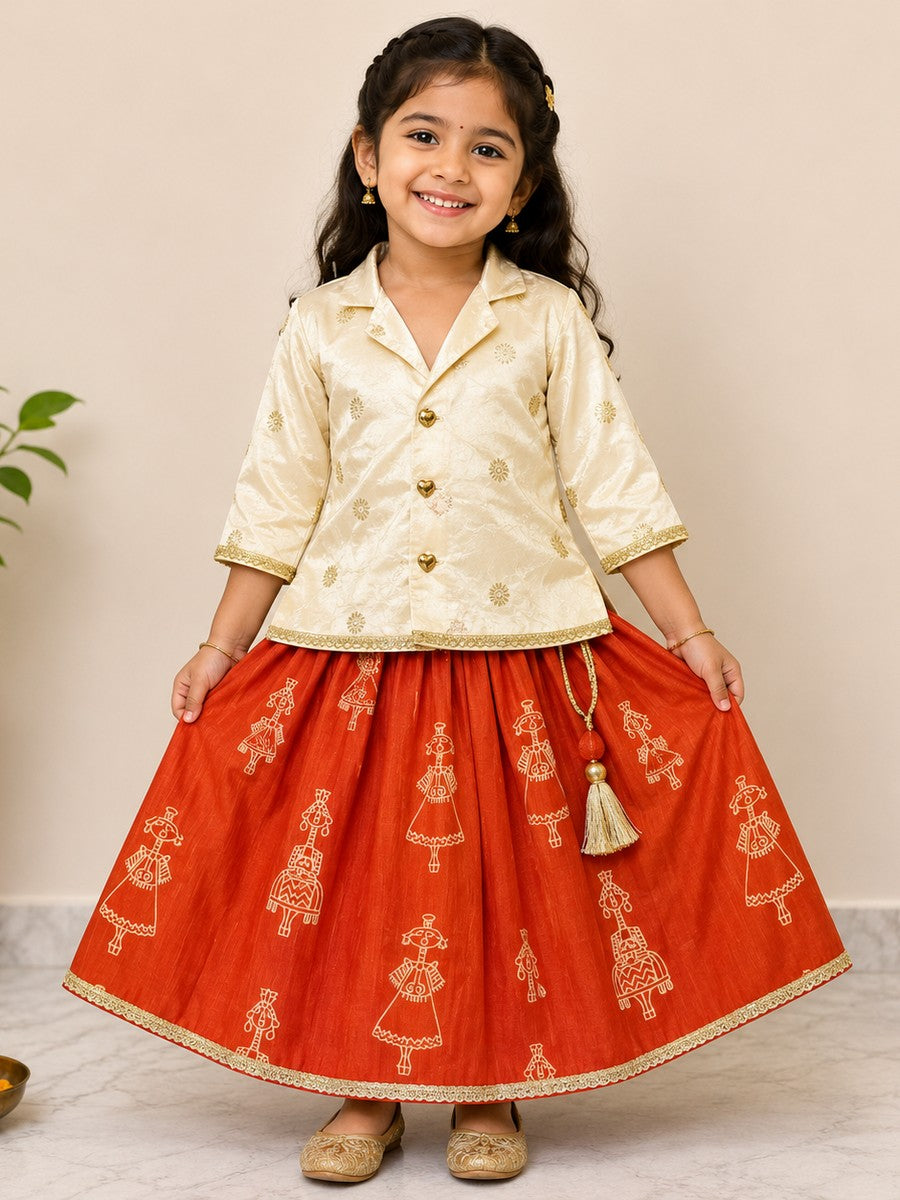 BAATCHEET Cottton Woven Three Fourth Sleeves Booti Embroidery Choli Lehnga Set  - Orange