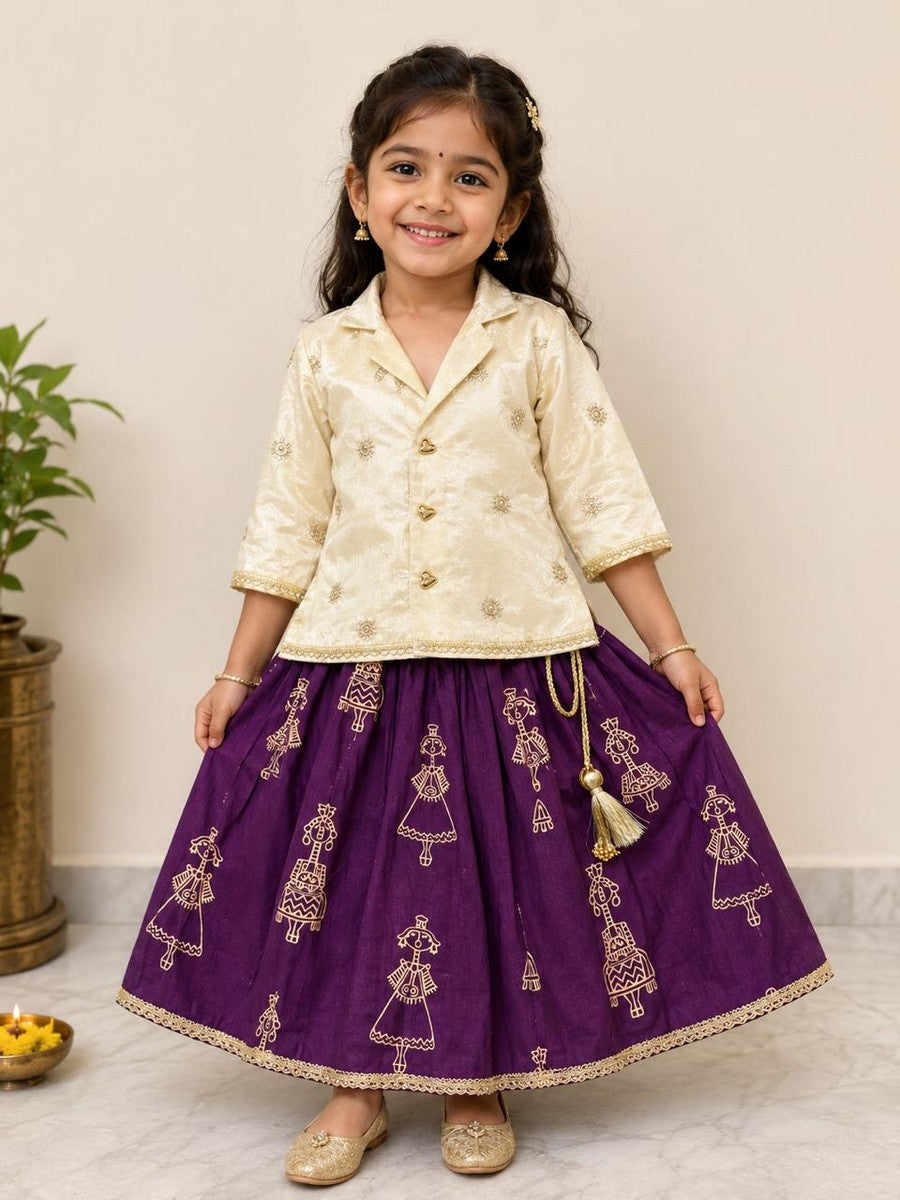 BAATCHEET Cottton Woven Three Fourth Sleeves Booti Embroidery Choli Lehnga Set  - Purple