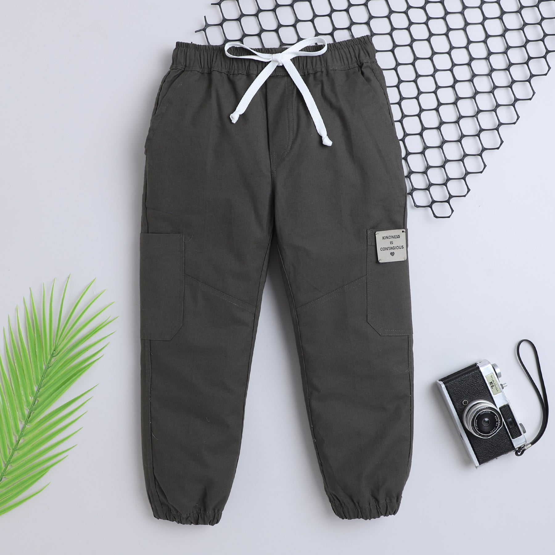 BAATCHEET Cotton  Woven Full Length  Kindness is Contagious Patch Jogger- Olive