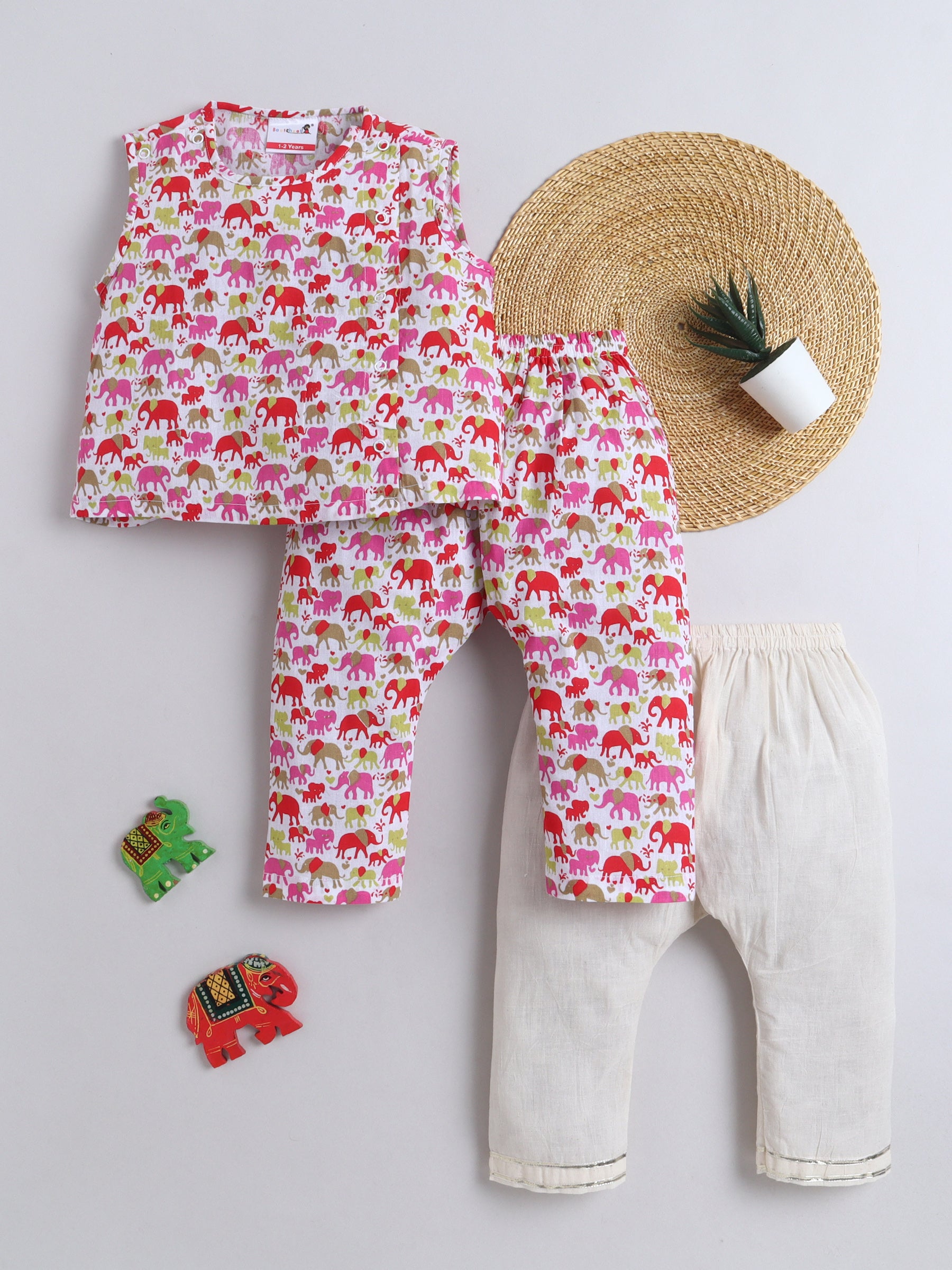 BAATCHEET Cottton Pack Of 3 Sleeveless Elephant Printed Jhabla Pyjamas Set- Pink