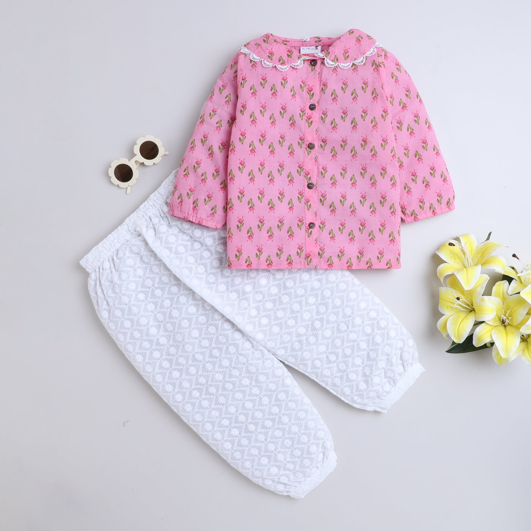 BAATCHEET Cotton Three Fourth Sleeves Flower Bud Printed Peter Pan Collar Top And Pant- Pink