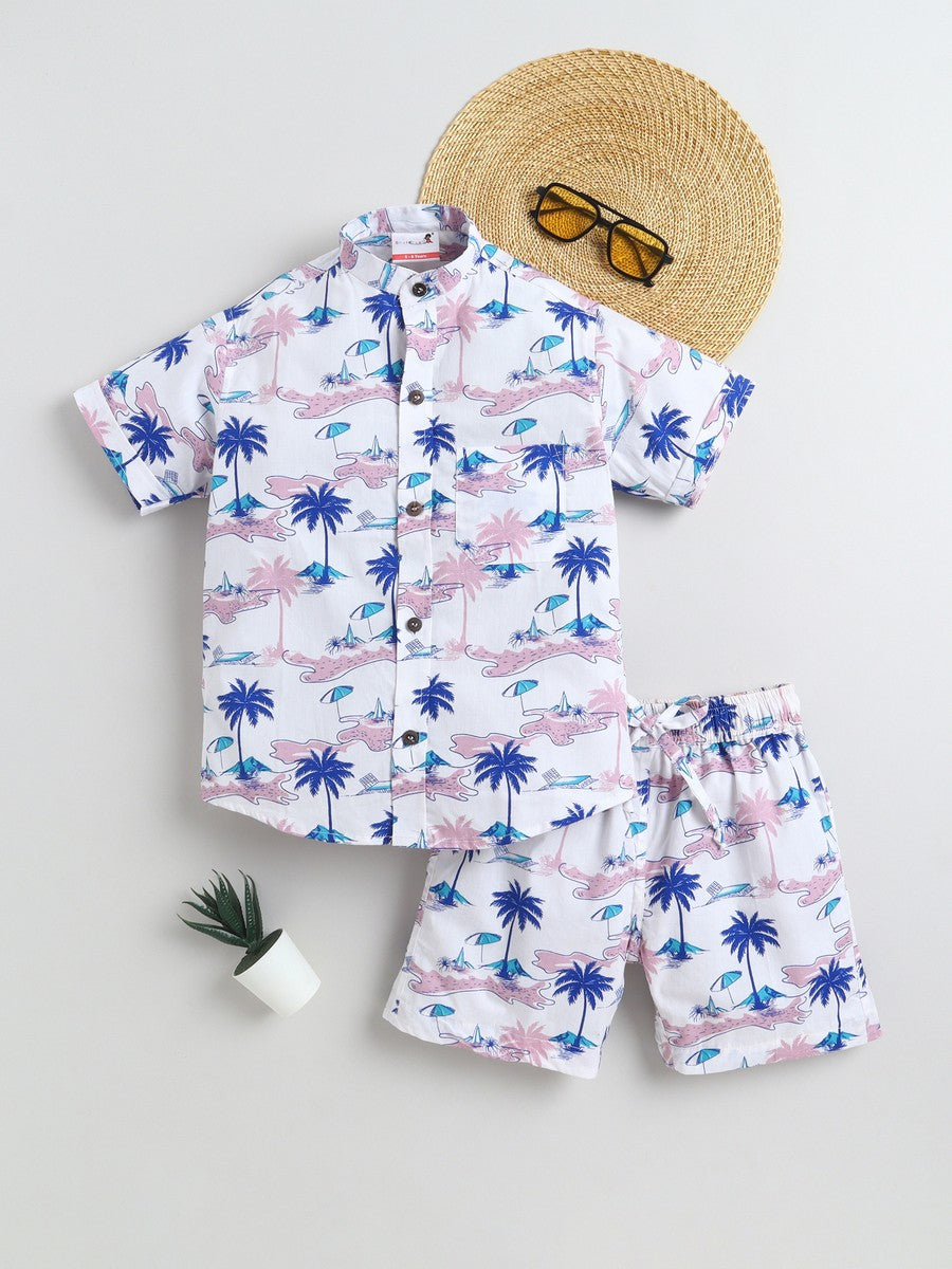 BAATCHEET Cottton  Half Sleeves Beach Theme Printed Shirt With Shorts Set- Peach
