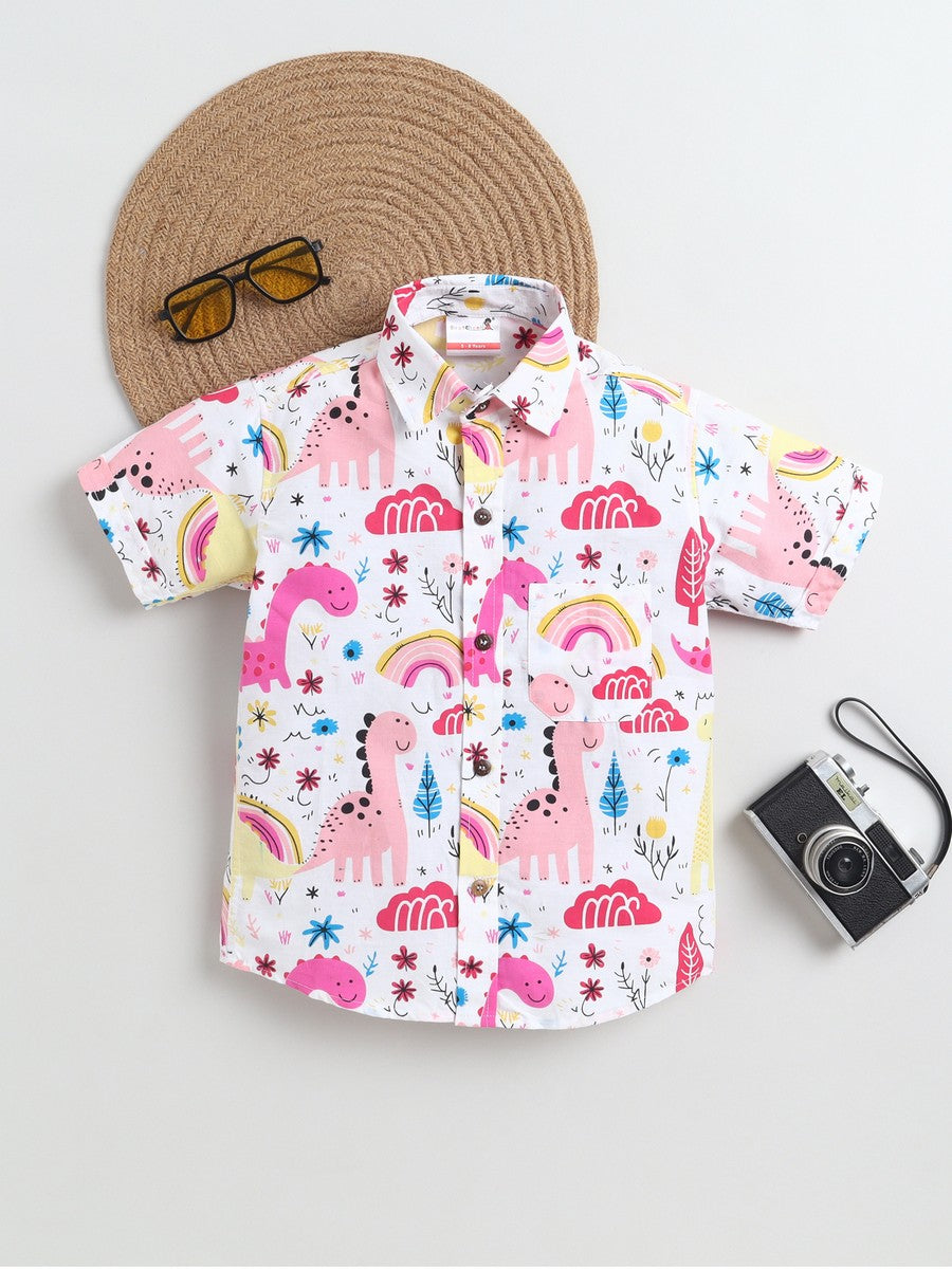 BAATCHEET Cottton Half Sleeves Dino Printed Shirt- Pink