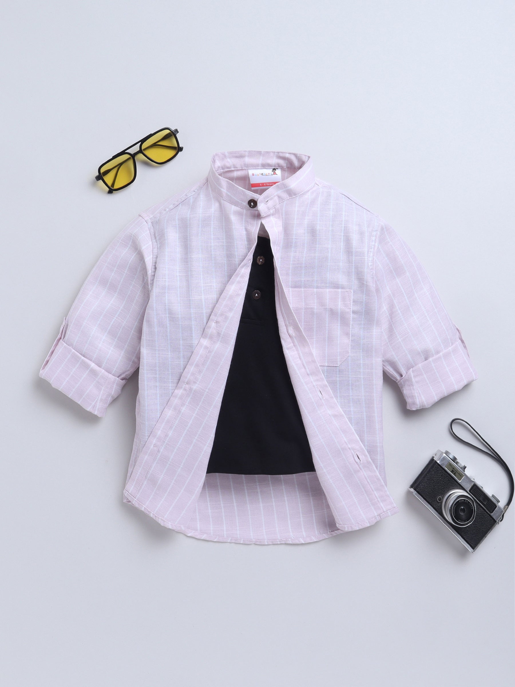 BAATCHEET Cottton Linen Woven Full Sleeve Striped Shirt With Attached T-Shirt - Pink