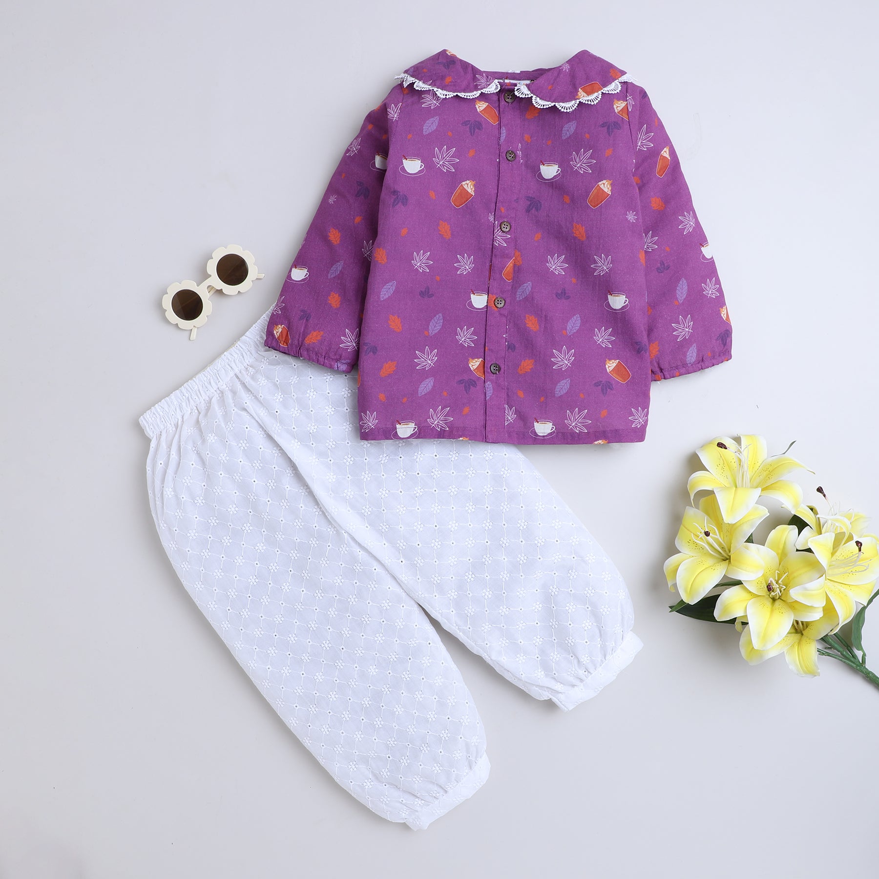 BAATCHEET Cotton Three Fourth Sleeves Motif Printed Peter Pan Collar Top And Pant- Purple