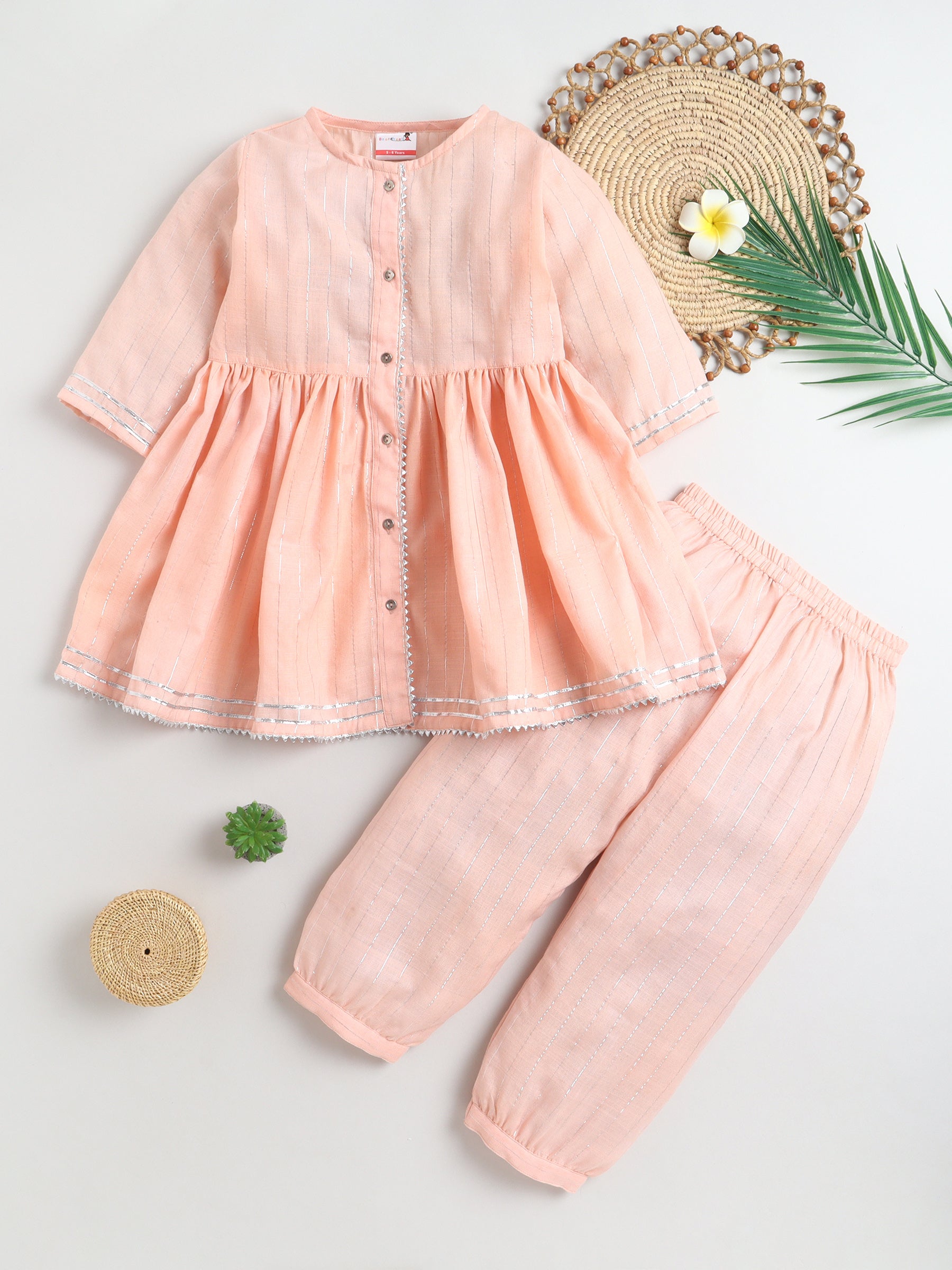 BAATCHEET Cotton Lurex Three Fourth Sleeves Foil Striped & Lace Embellished Rajasthani Kurti Salwar Set- Peach