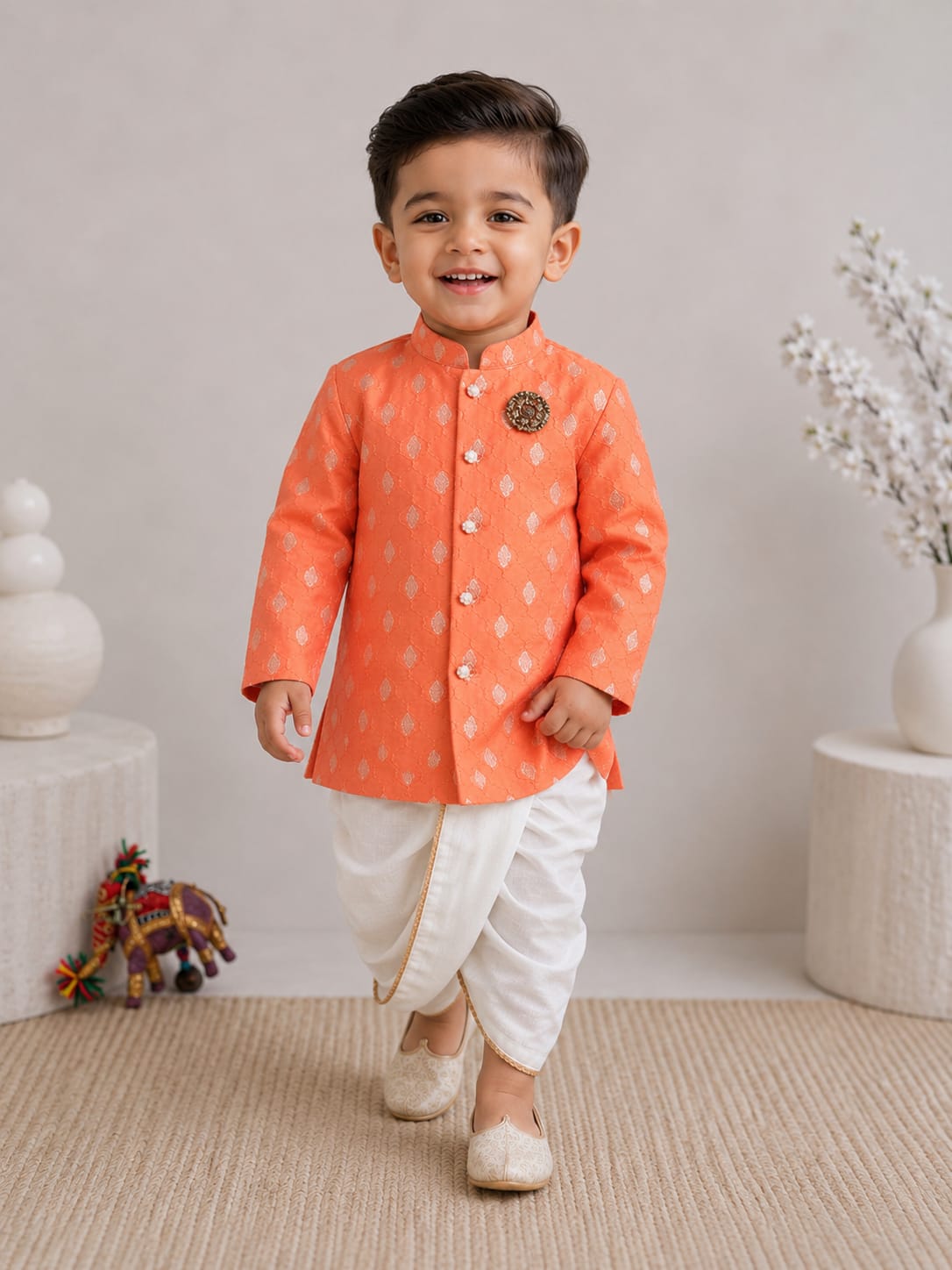BAATCHEET Cottton Woven Full Sleeves Embroided Embellished Evil Eye Sherwani With Dhoti and Elephant Brooch Set- Peach