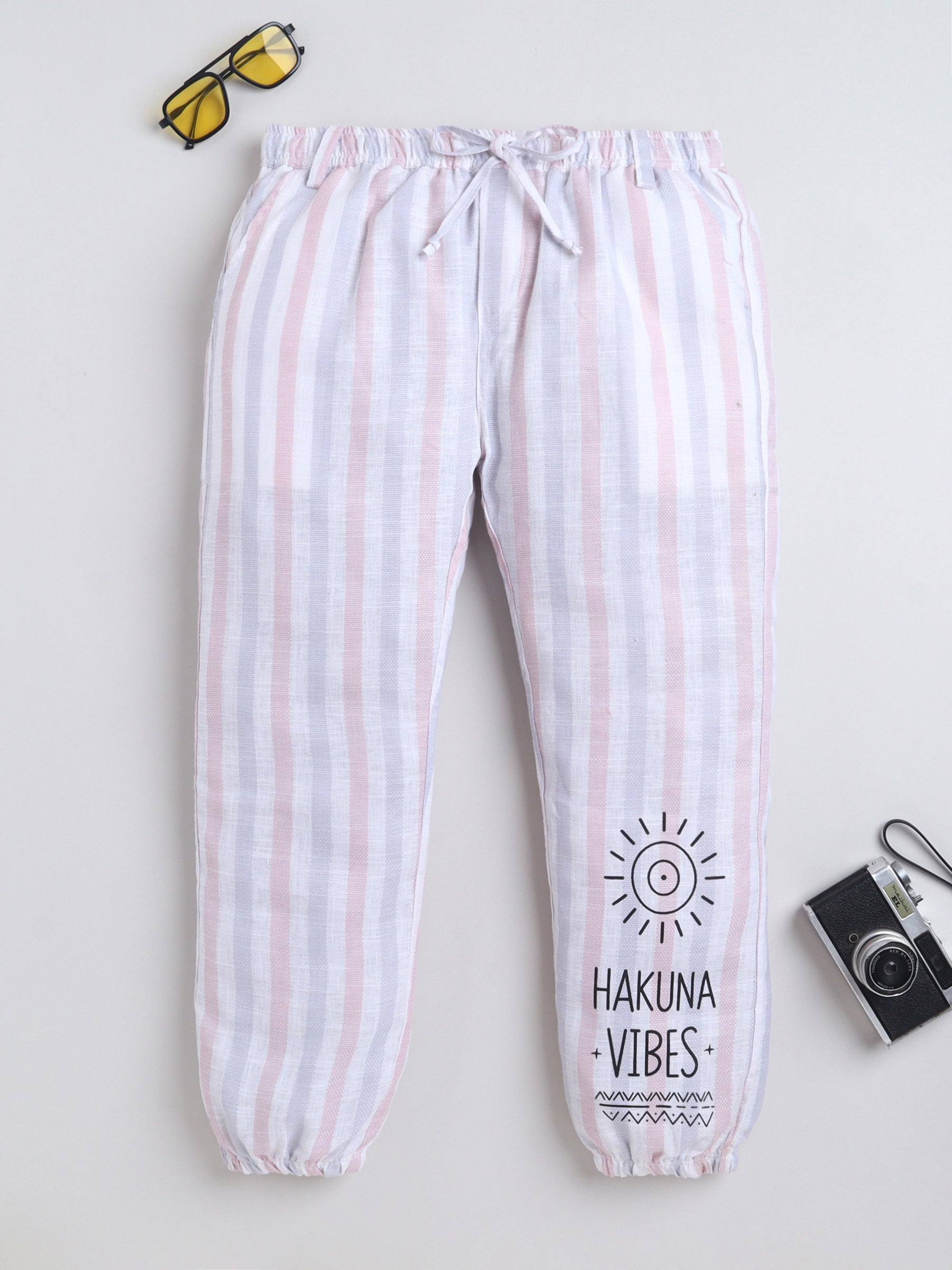 BAATCHEET Cottton  Woven Full Sleeve Striped Hakuna Vibes Printed Jogger - Pink