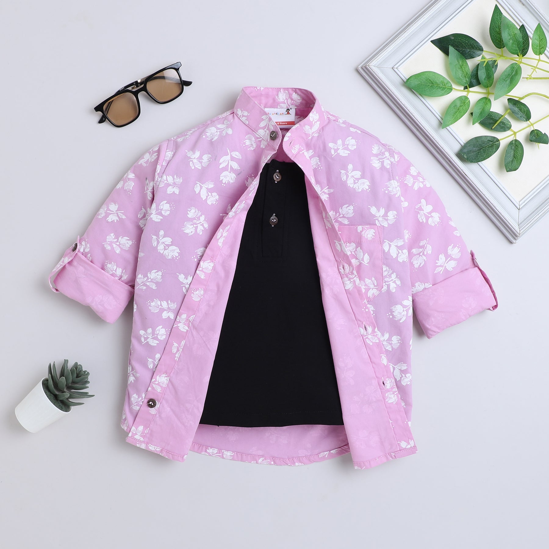BAATCHEET Cotton Full Sleeves Blossom Printed Shirt With Attached T-shirt  - Pink