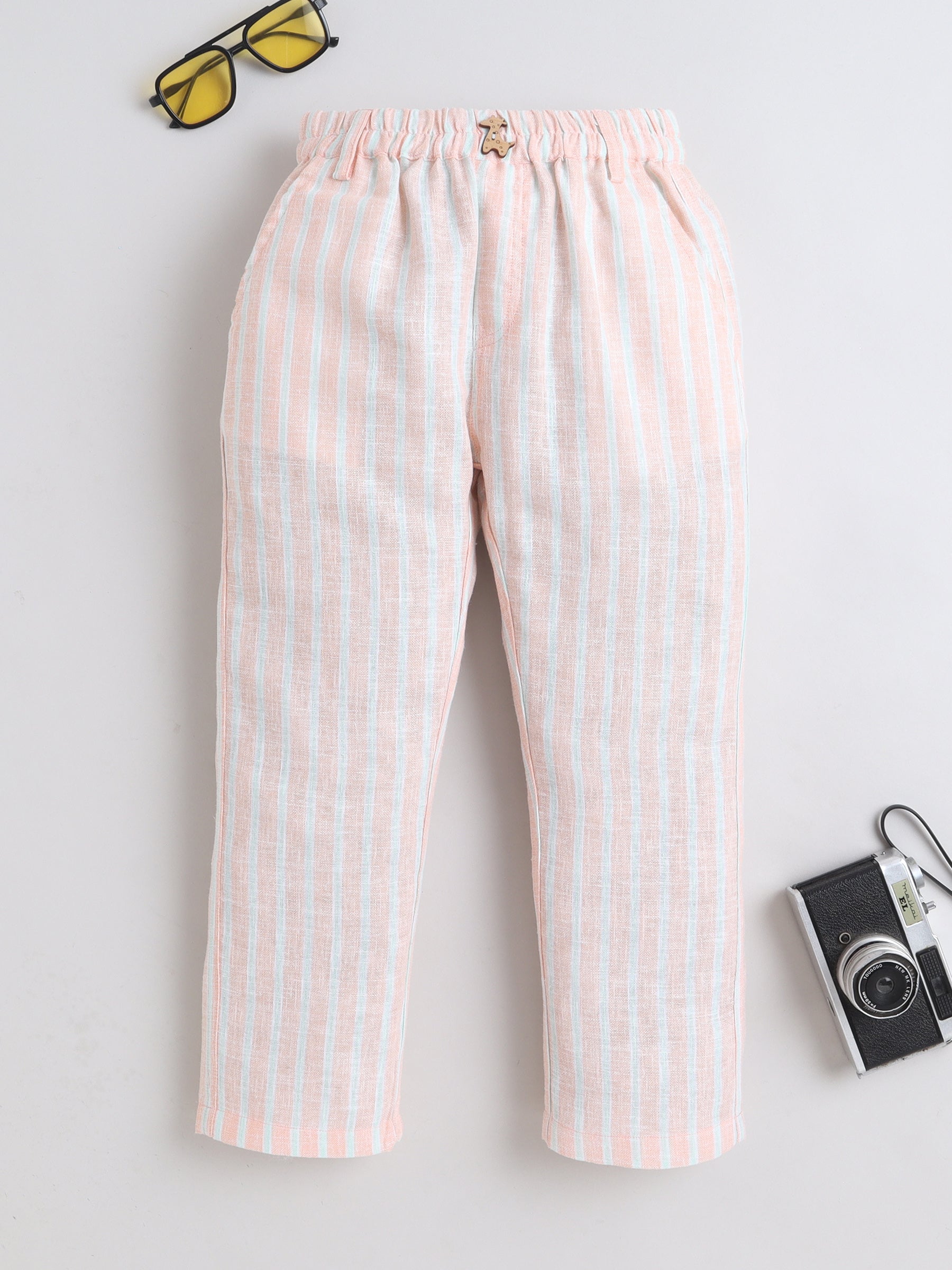 BAATCHEET Cotton Woven Full Length Striped Pant With Giraffe Button and Belt Loop- Peach
