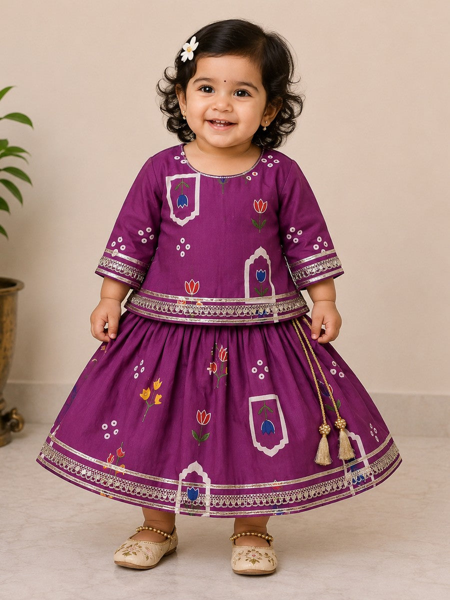 BAATCHEET Cottton Woven Three Fourth Sleeves Printed Embellished Choli Lehnga Set  - Pink
