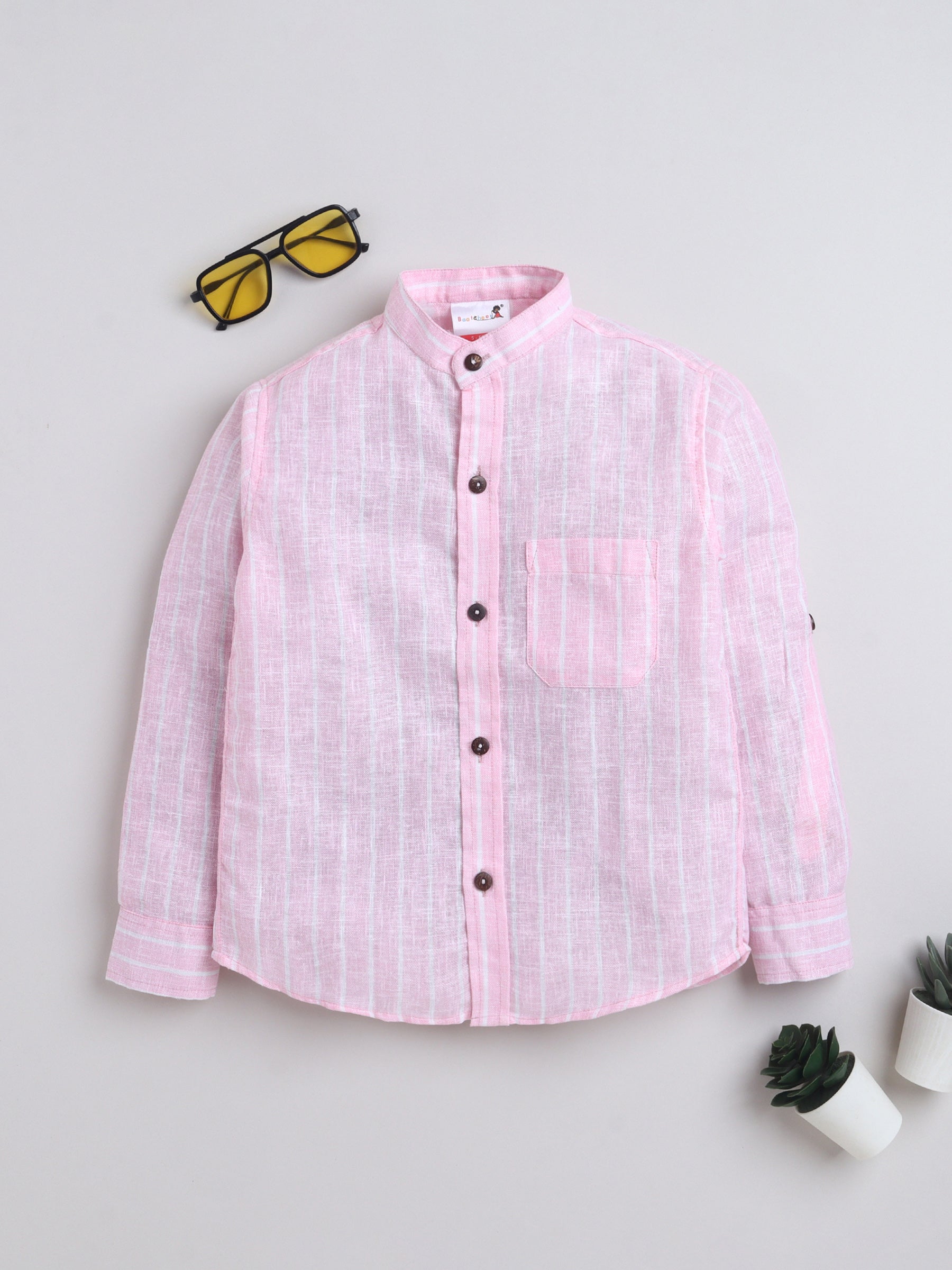 BAATCHEET Cottton Linen Woven Full Sleeve Striped Shirt - Pink