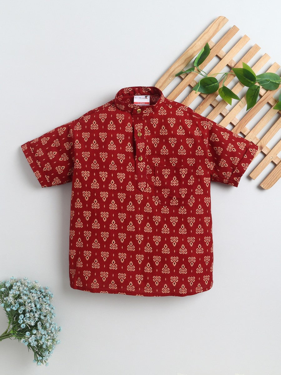 BAATCHEET Cottton  Half Sleeves Jaipuri Printed Short Kurta  - Red