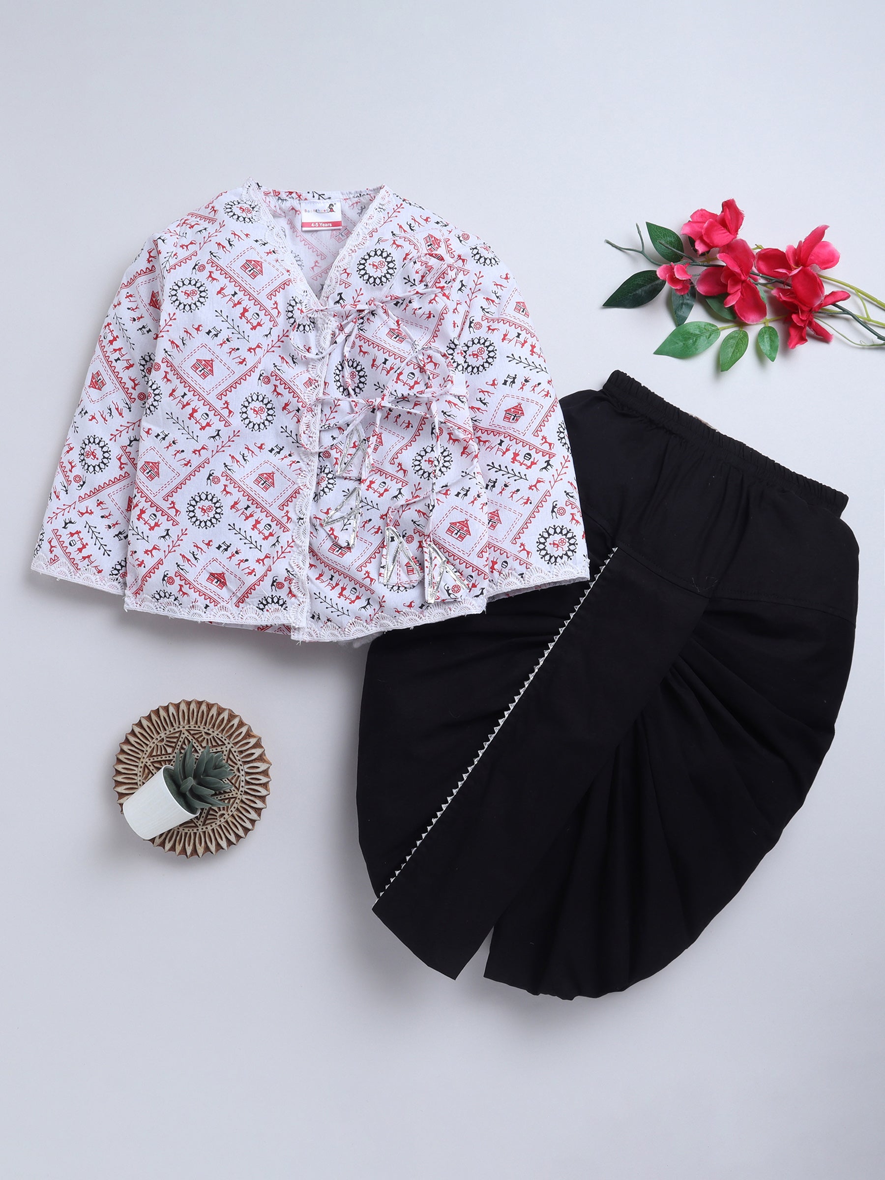 BAATCHEET Cottton Woven Full Sleeves Printed Angrakha Kurta With Solid Dhoti  - Red
