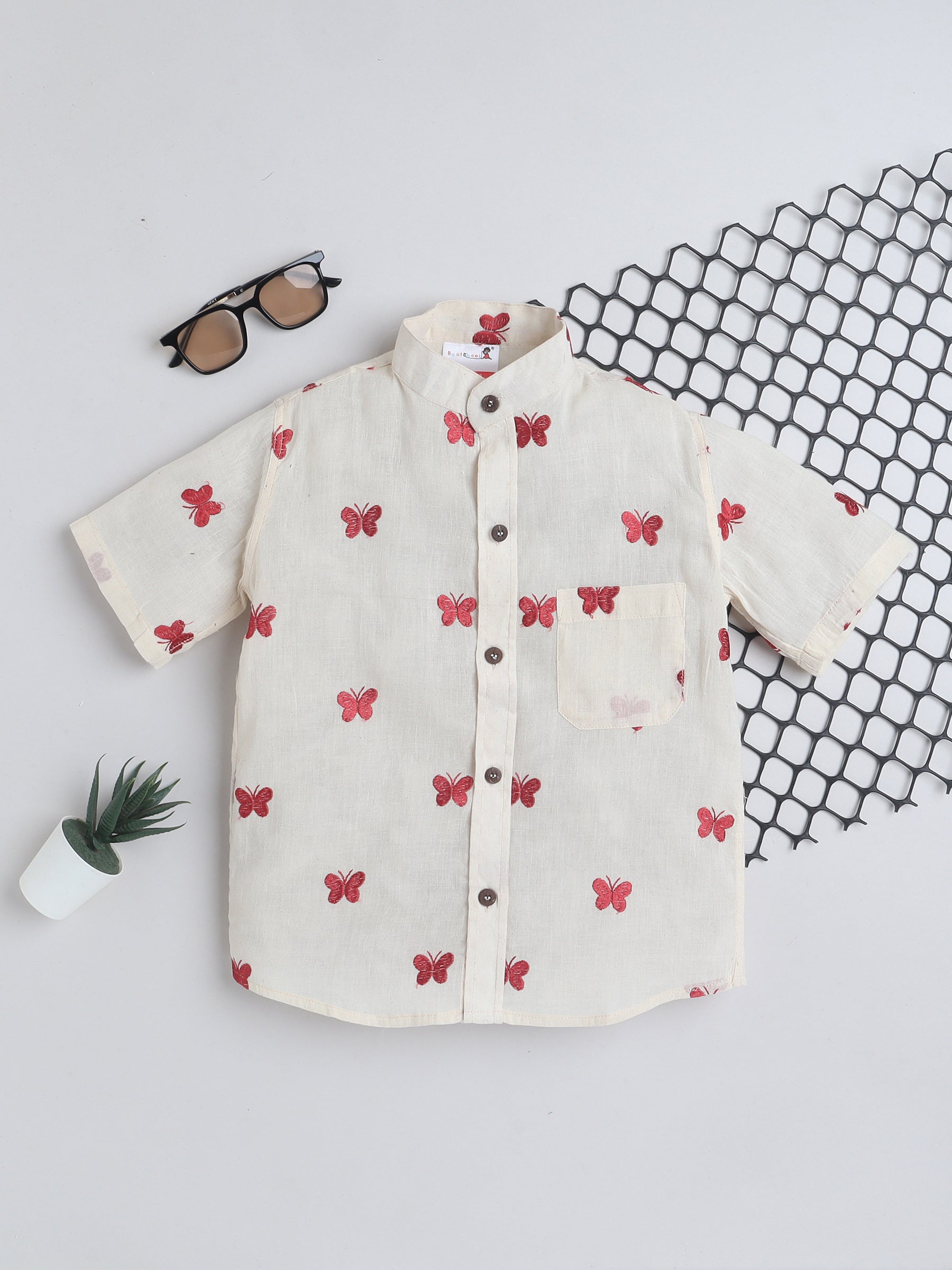 BAATCHEET Cotton  Half Sleeves Butterfly Embrided Shirt  - Red