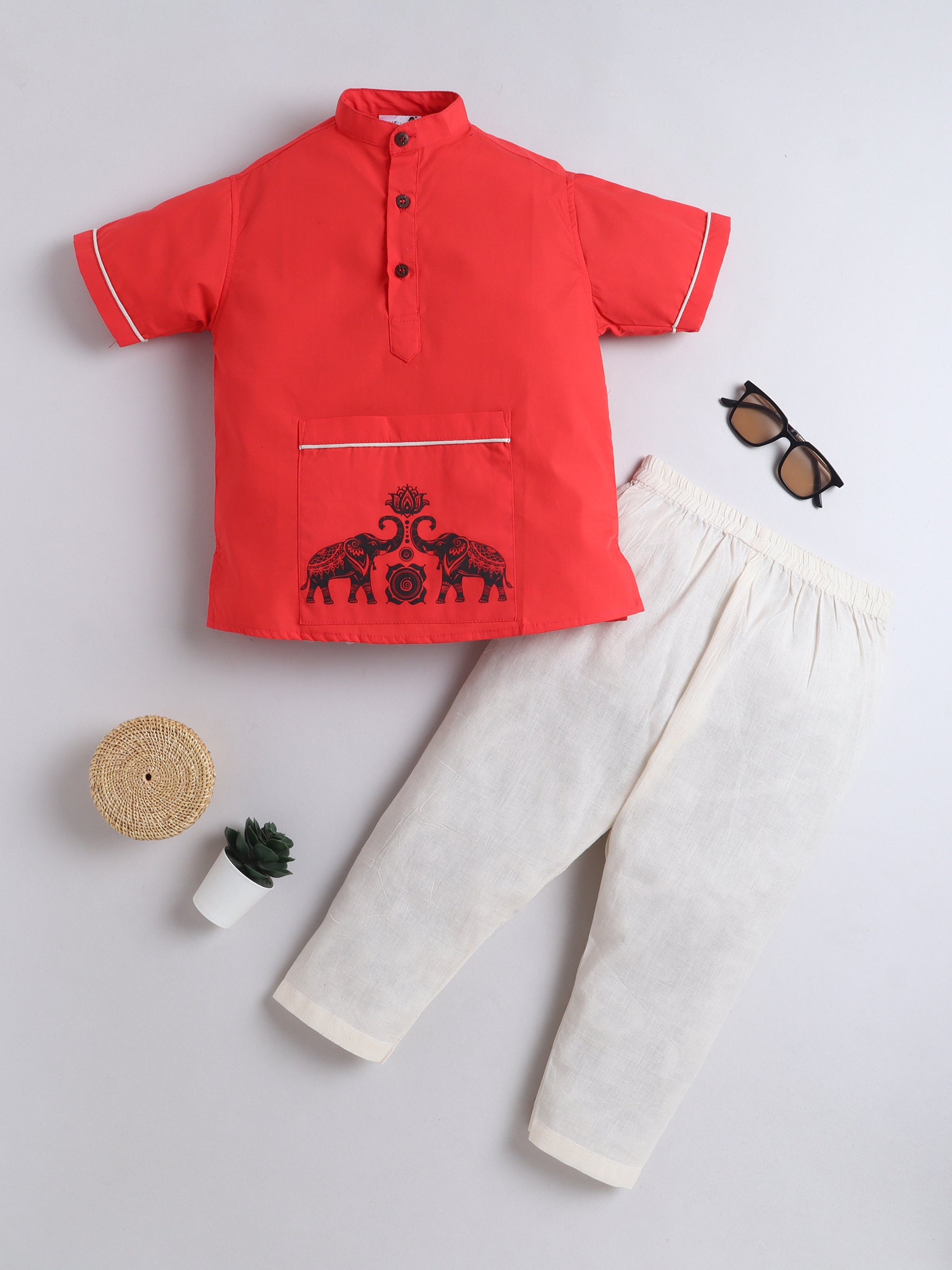 BAATCHEET Cottton Half Sleeves Elephant Printed Piping Kurta With Pyjama- Rust