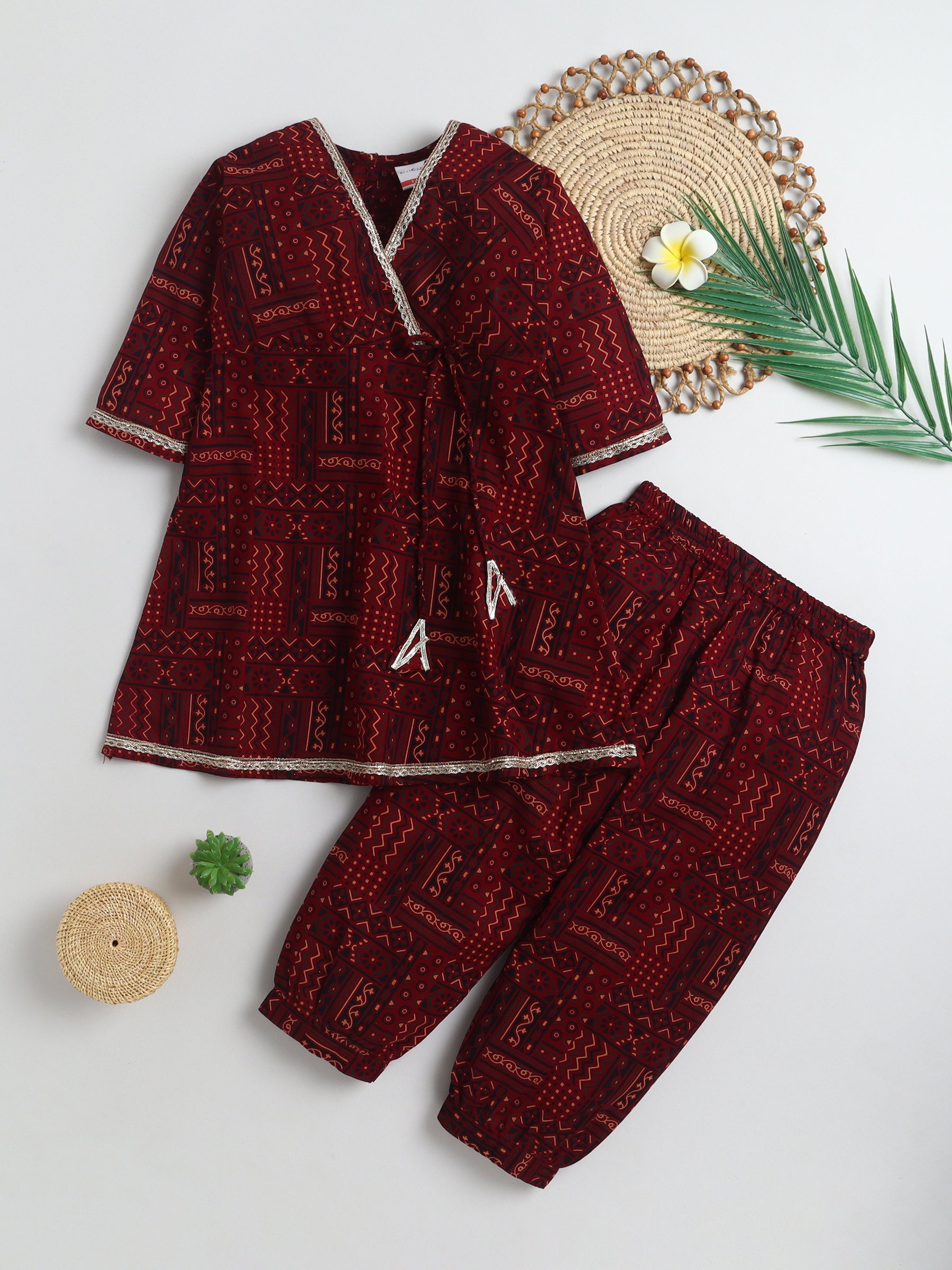 BAATCHEET Cotton Three Fourth Sleeves Warli Print Angrakha Set With Lace- Red