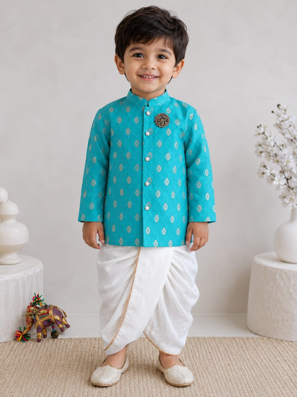 BAATCHEET Cottton Woven Full Sleeves Embroided Embellished Evil Eye Sherwani With Dhoti and Elephant Brooch Set- Teal