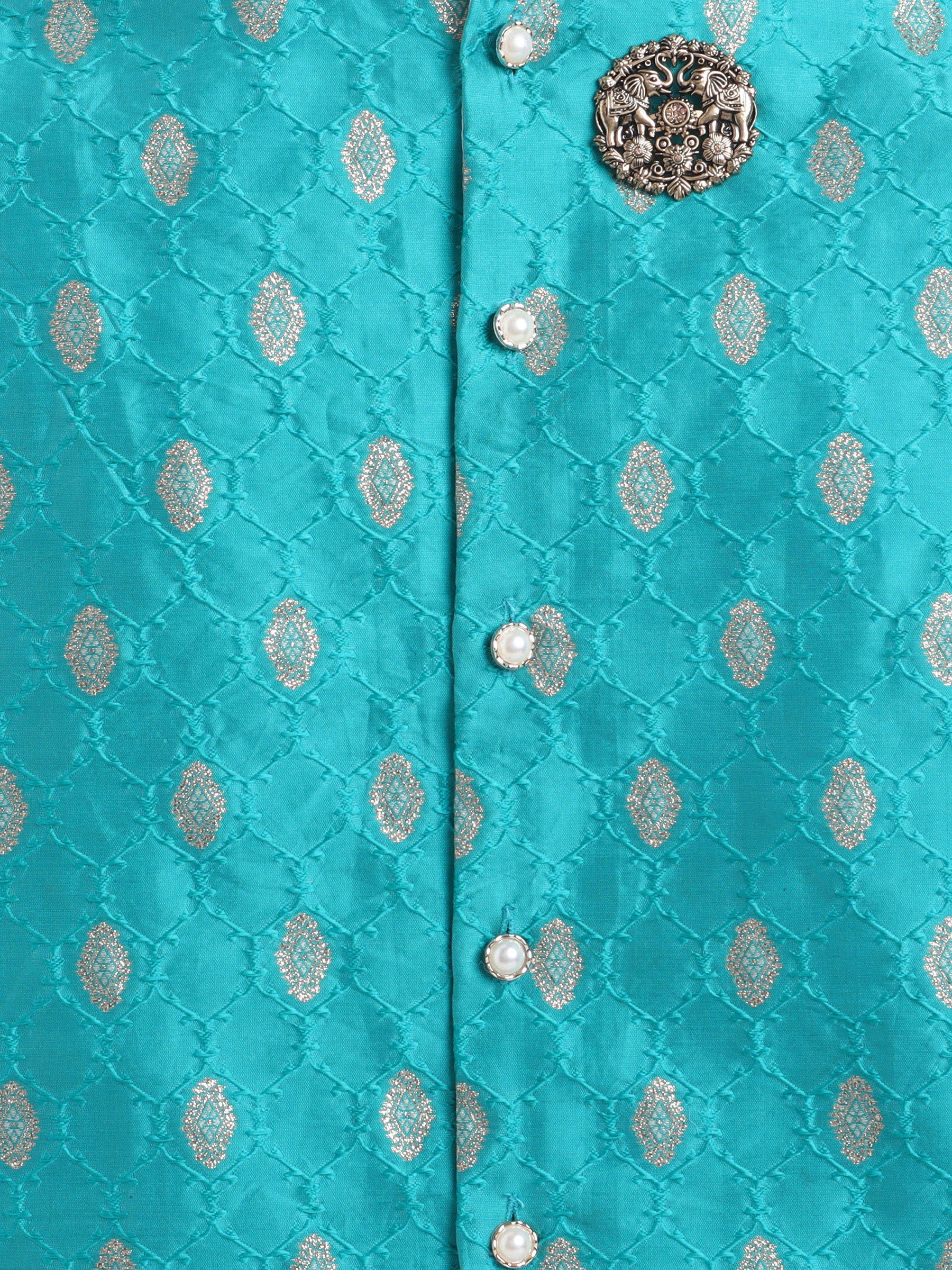 BAATCHEET Cottton Woven Full Sleeves Embroided Embellished Evil Eye Sherwani With Dhoti and Elephant Brooch Set- Teal