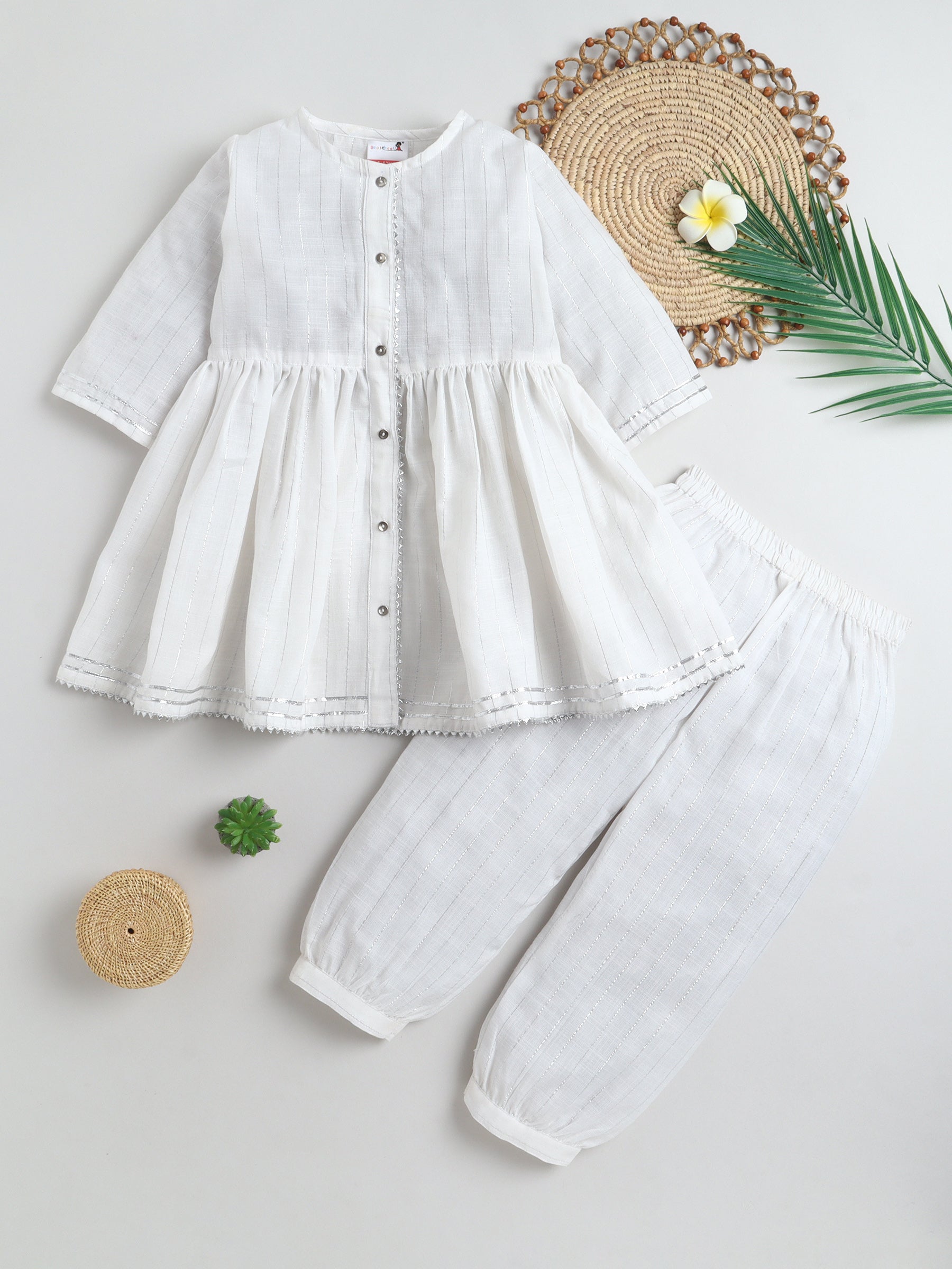 BAATCHEET Cotton Lurex Three Fourth Sleeves Foil Striped & Lace Embellished Rajasthani Kurti Salwar Set- White