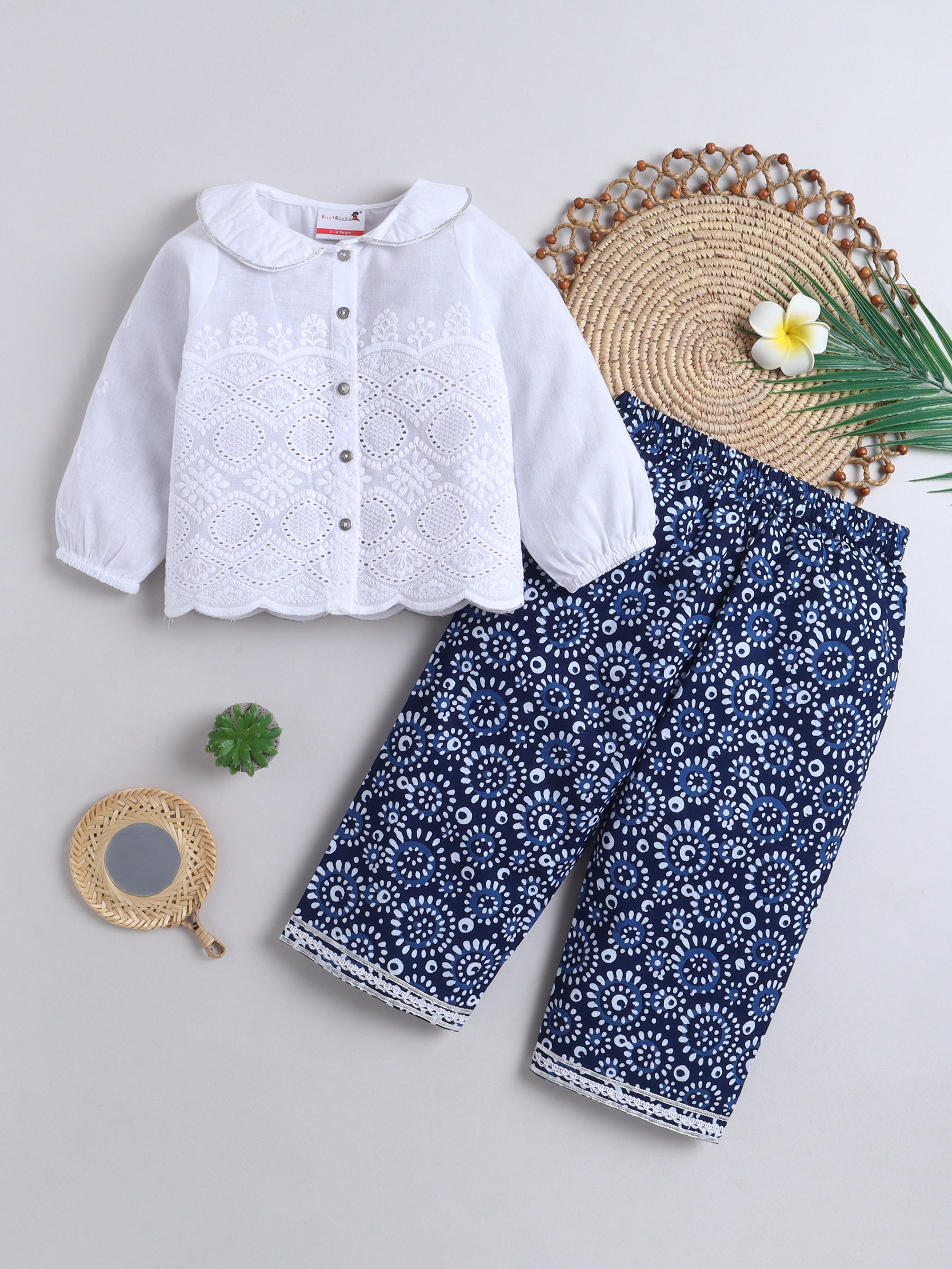 BAATCHEET Cottton Three Fourth Sleeves  Peterpan Collar Top and Pant set - White