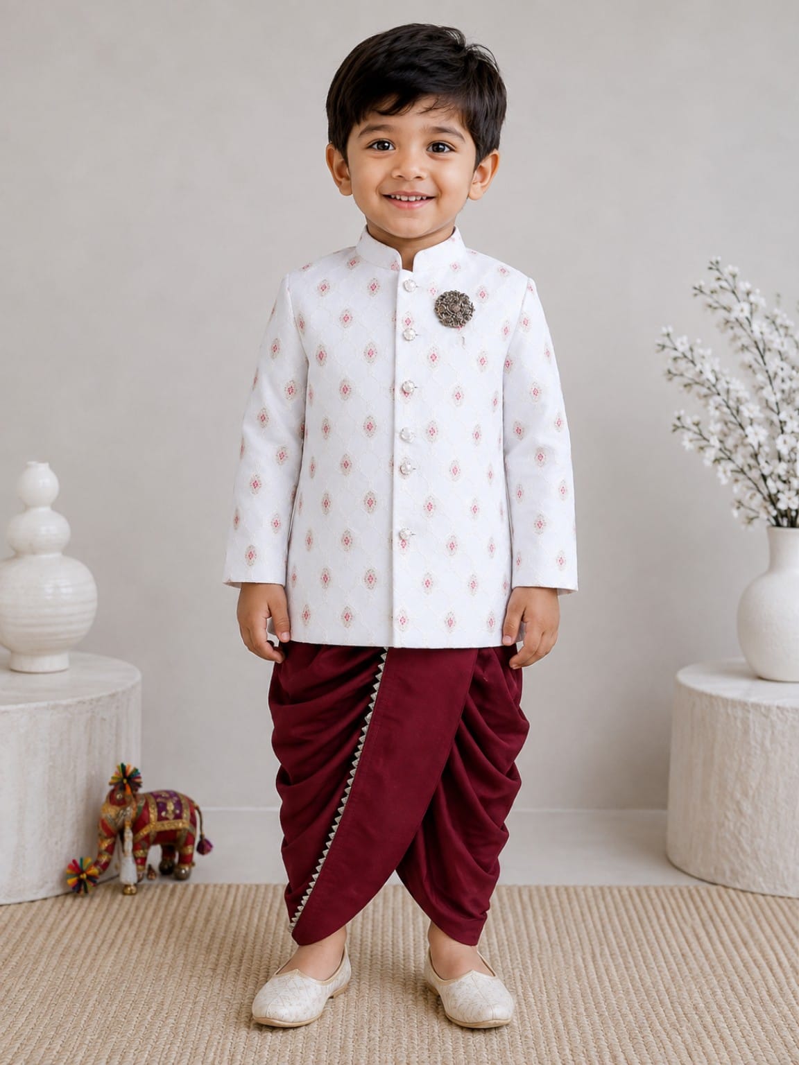 BAATCHEET Cottton Woven Full Sleeves Embroided Embellished Evil Eye Sherwani With Dhoti and Elephant Brooch Set- White