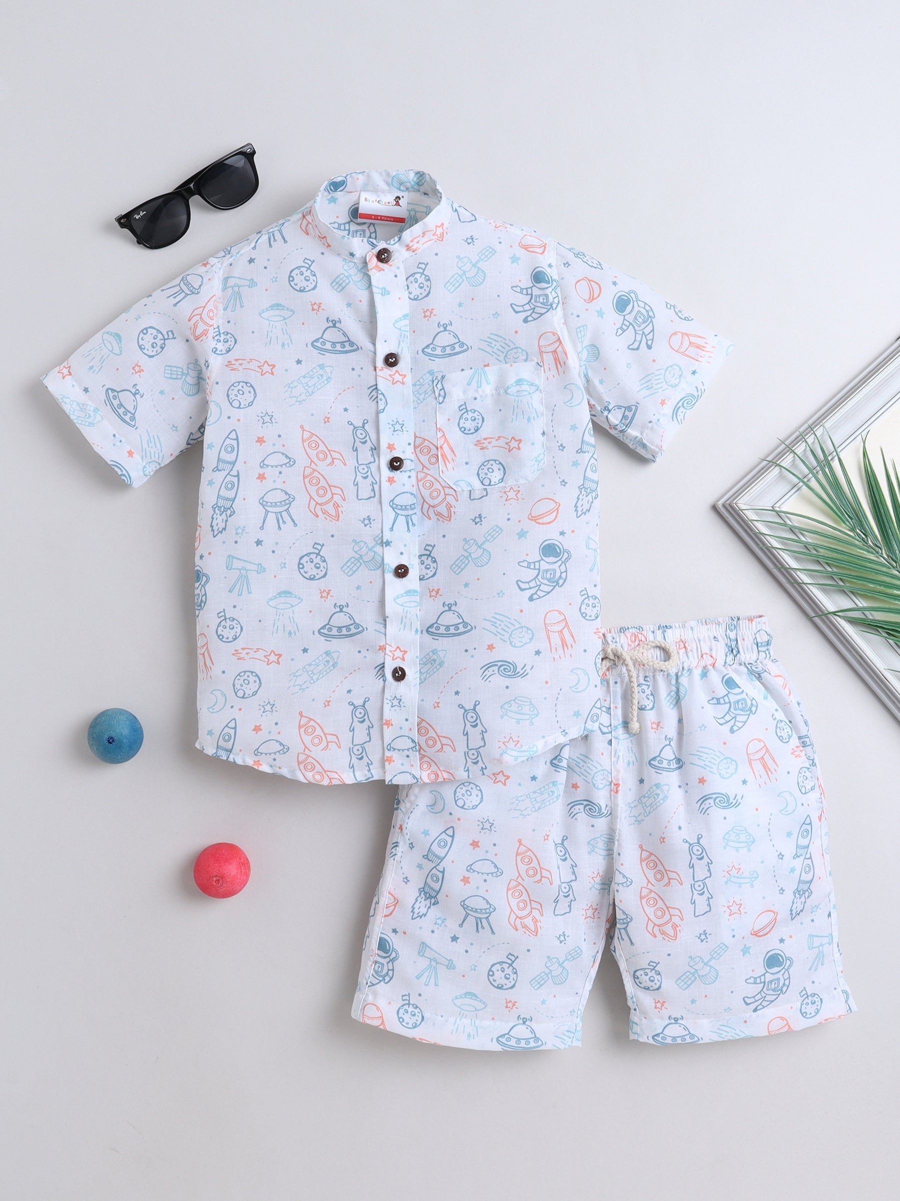 BAATCHEET Cottton Woven Half Sleeves Space Printed  Shirt With Shorts Set - White