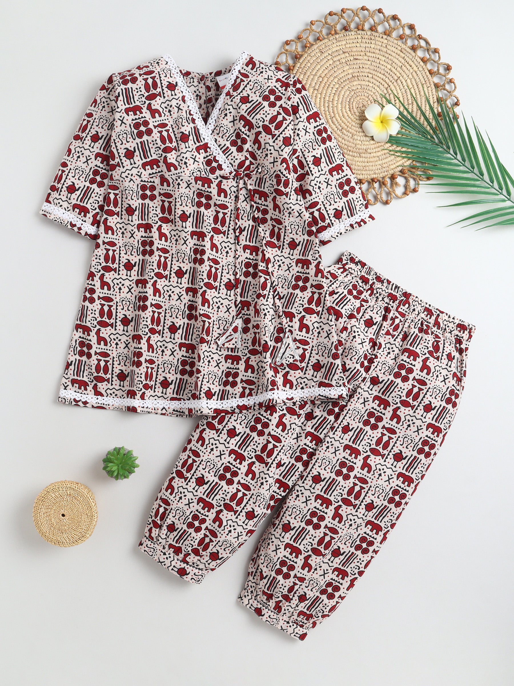 BAATCHEET Cotton Three Fourth Sleeves Warli Print Angrakha Set With Lace- White